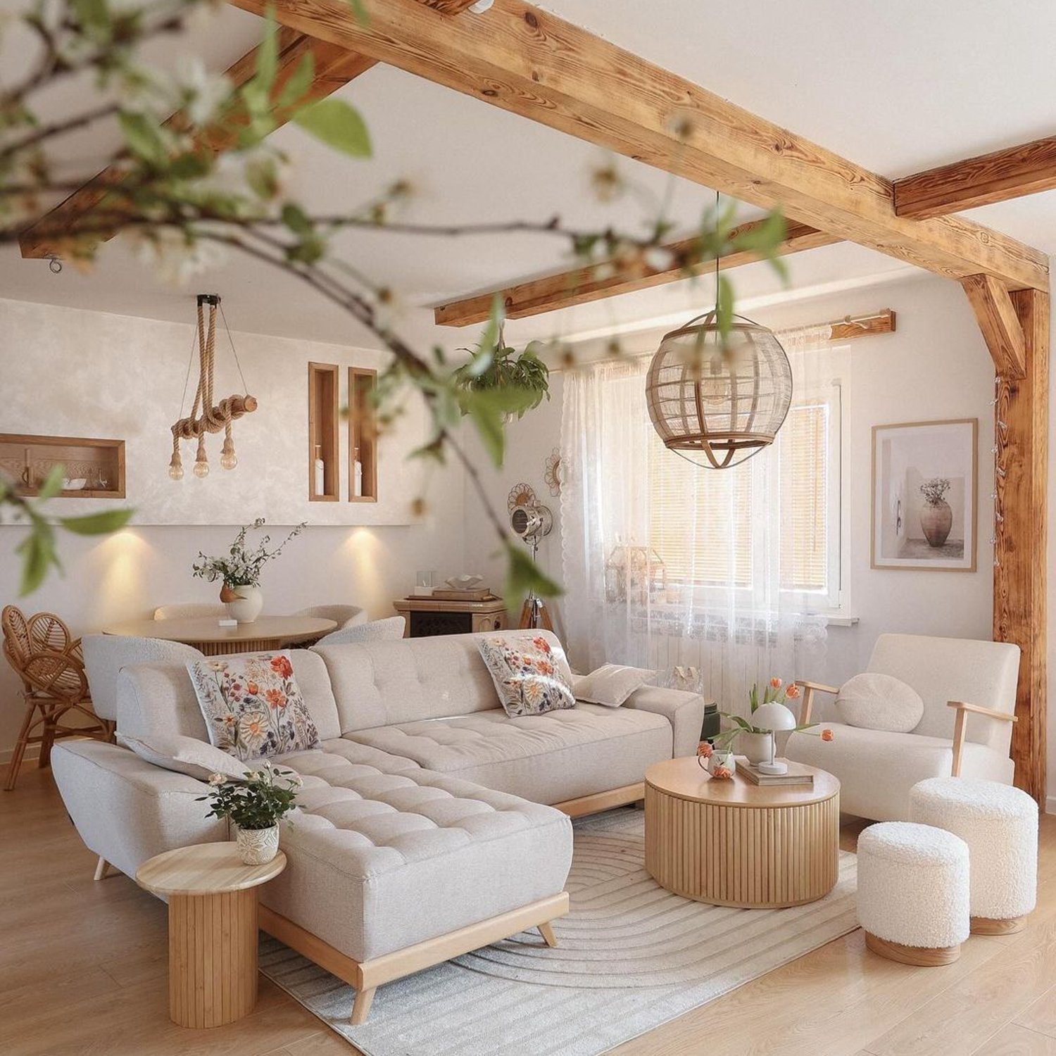 Cozy and warm living room with exposed wooden beams