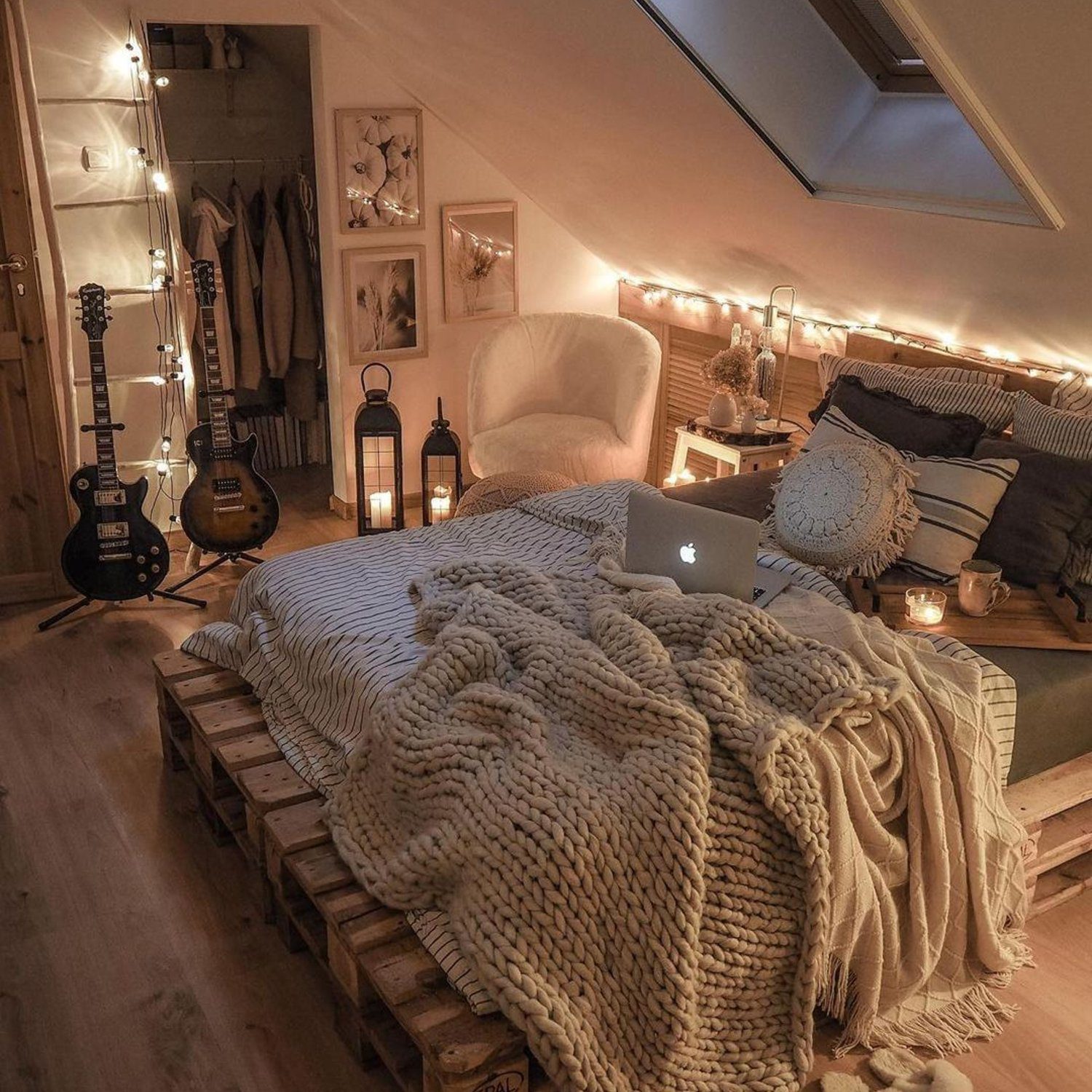 Cozy attic bedroom with ambient lighting