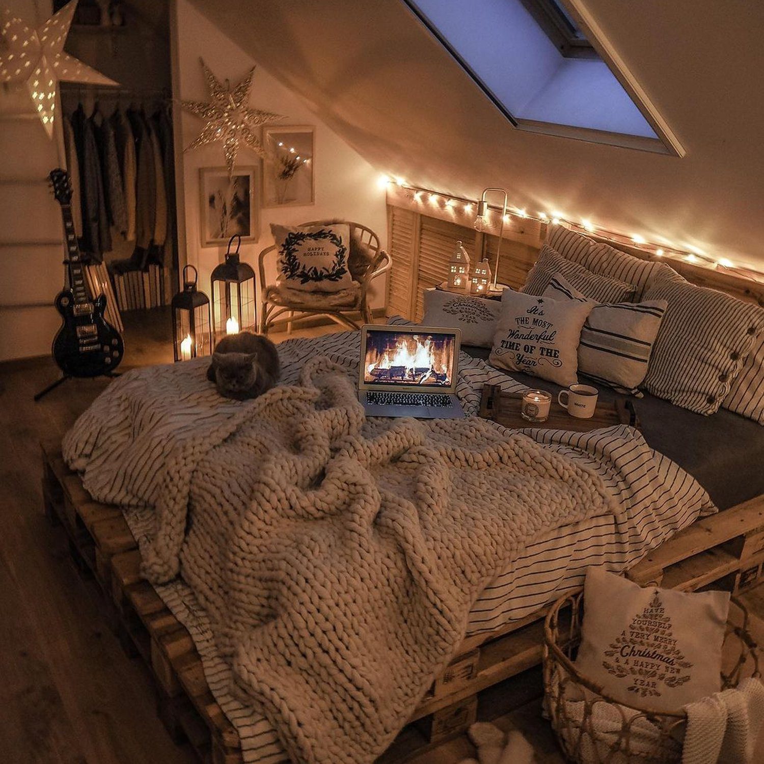 Cozy attic bedroom with ambient lighting