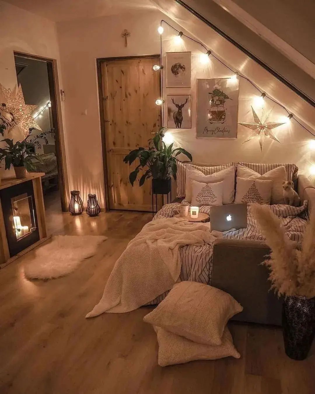 Cozy attic bedroom with warm lighting and earth tone decor