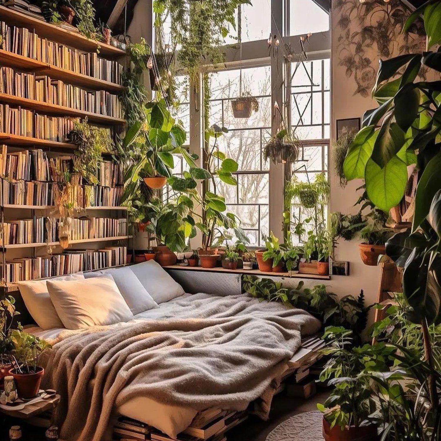 A cozy attic bedroom surrounded by lush indoor plants with a sunlit ambiance