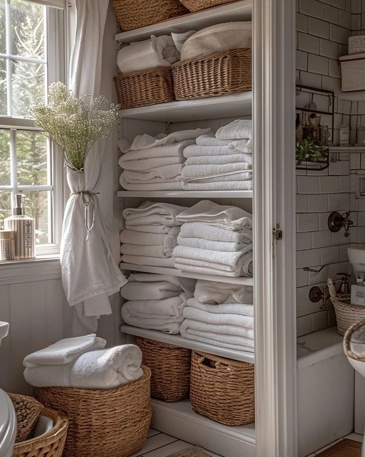 A cozy bathroom linen closet with neatly stacked white towels, natural woven baskets, and a small vase of baby's breath on the window sill