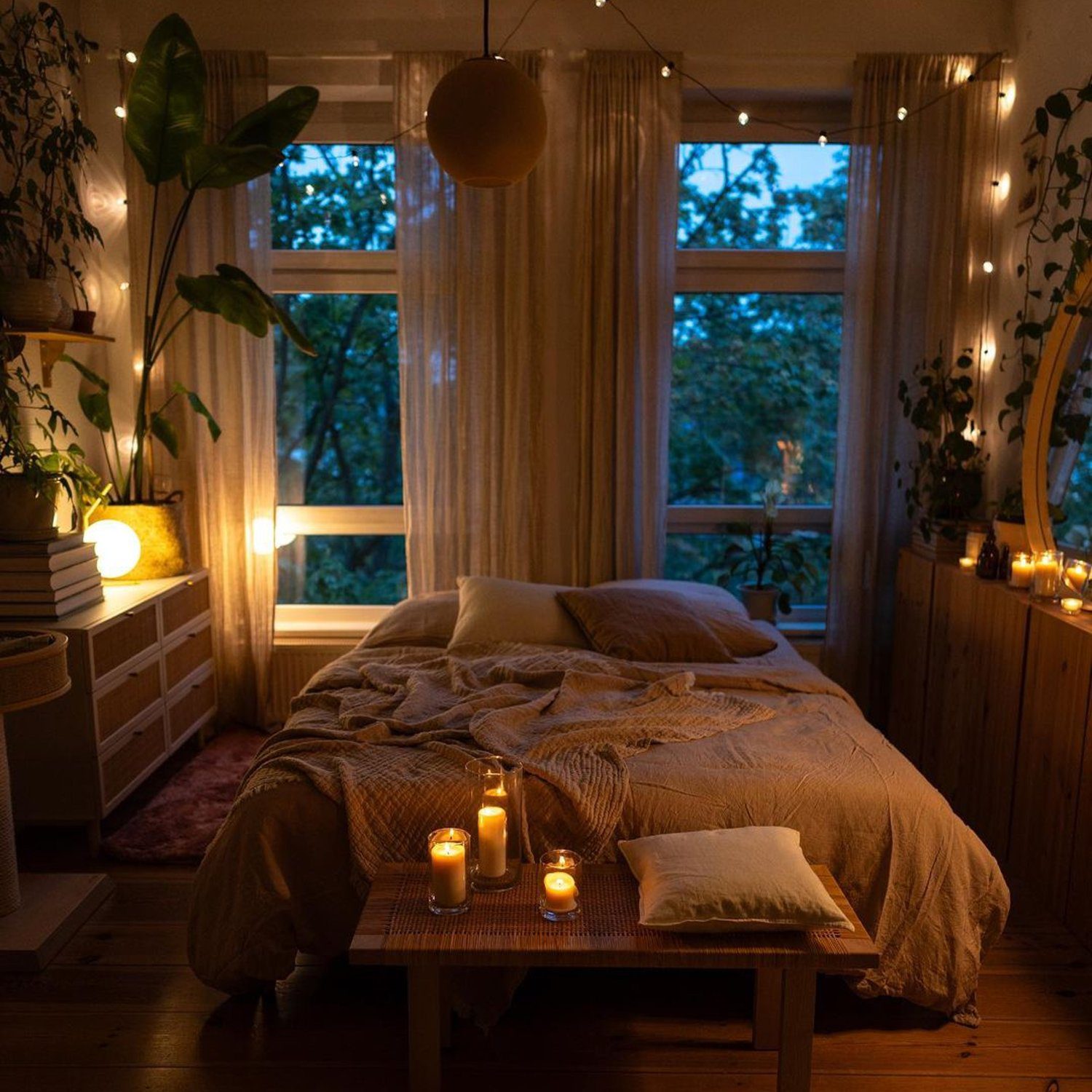 Cozy evening bedroom with warm lighting