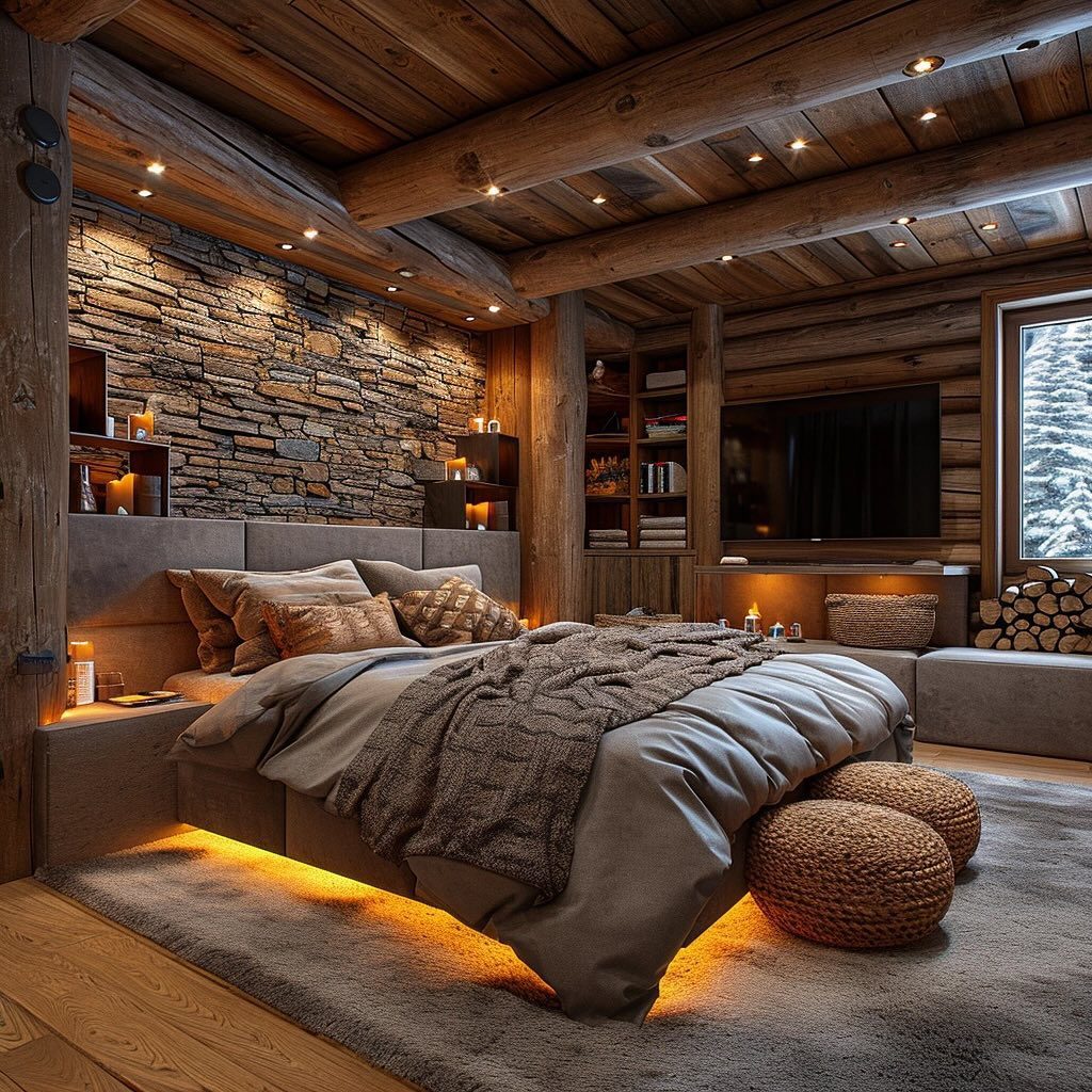 Cozy cabin bedroom with warm ambient lighting