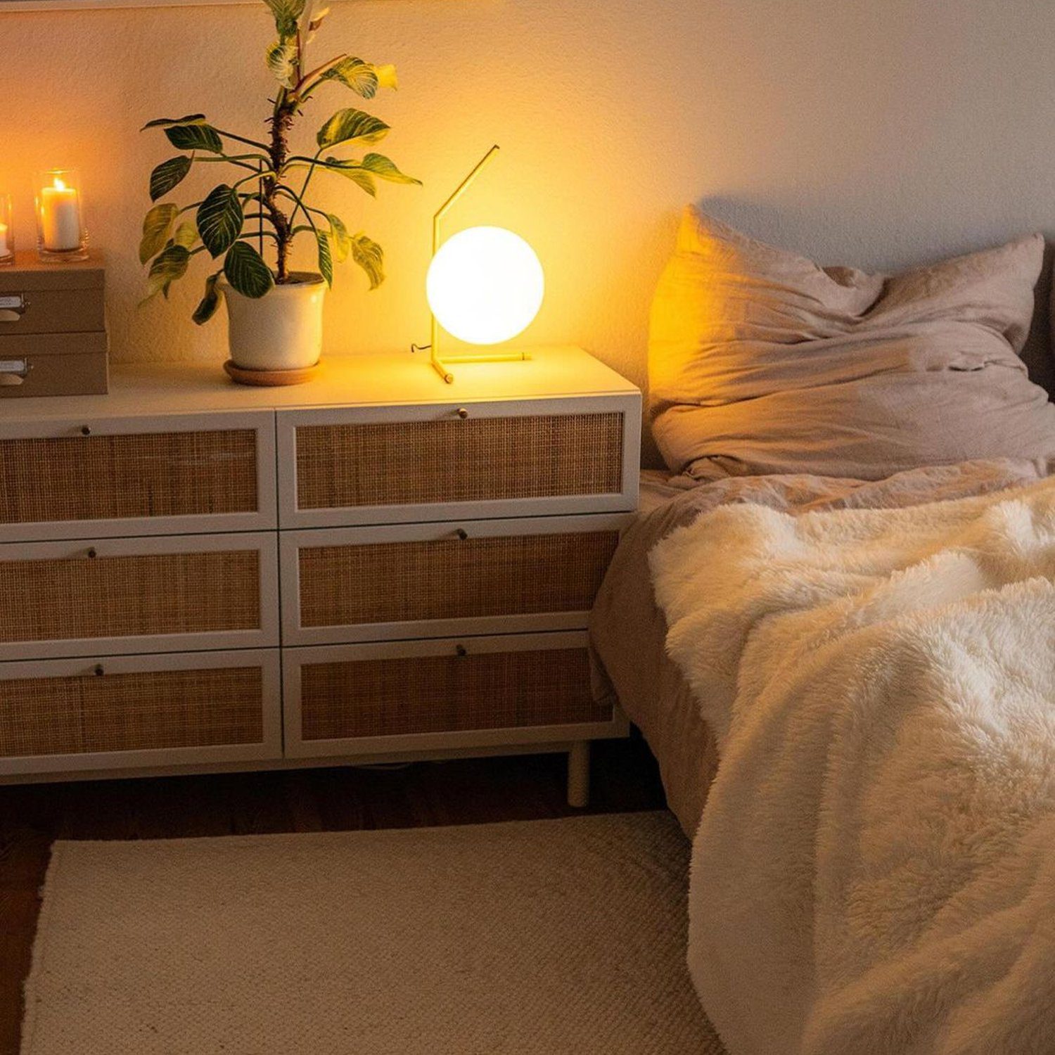 Cozy bedroom corner with ambient lighting