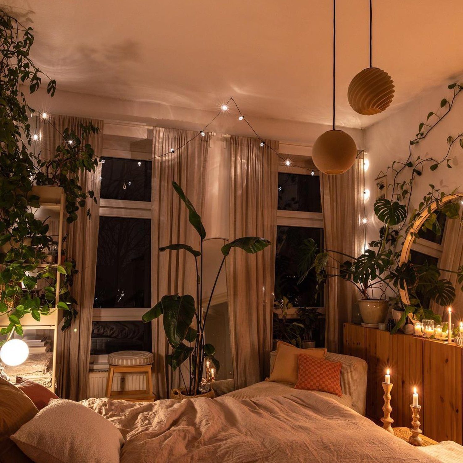 A cozy bedroom at night with ambient lighting