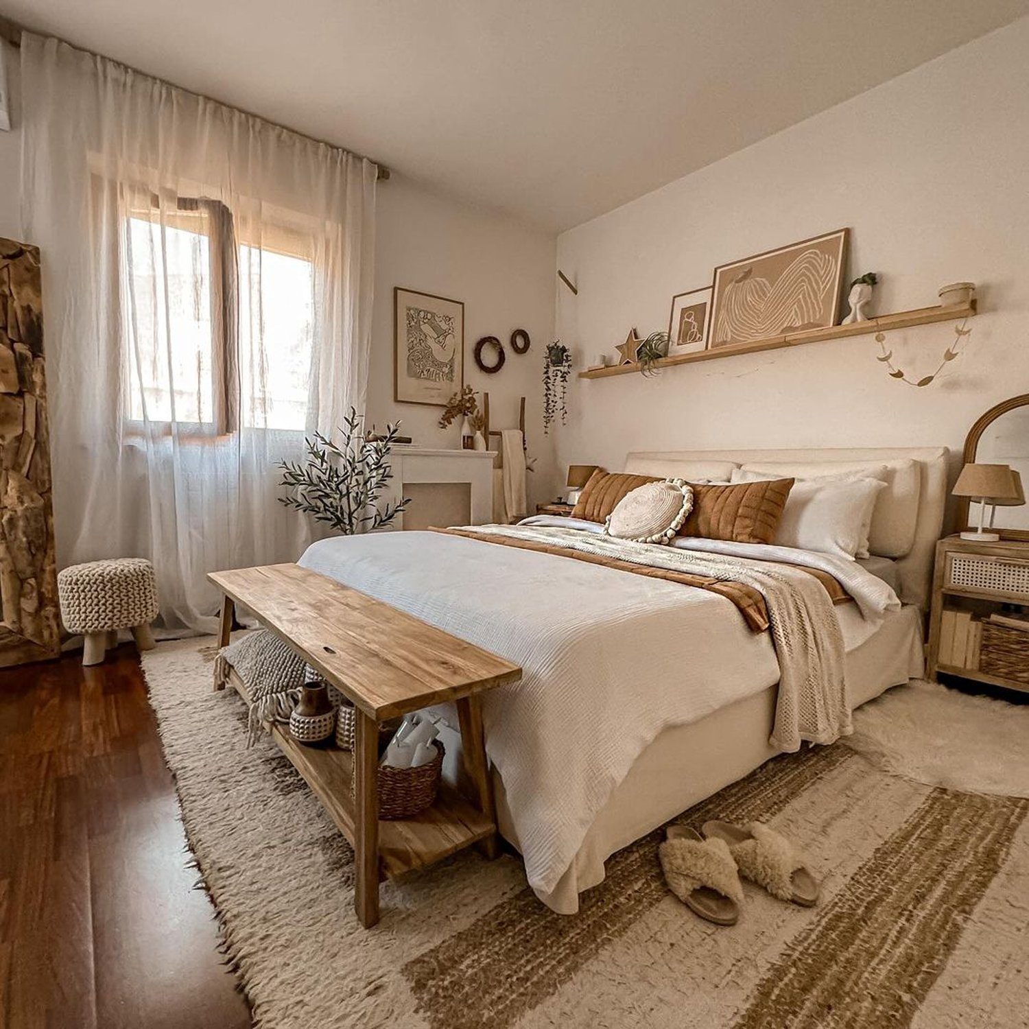 Cozy bedroom with neutral tones and natural textures