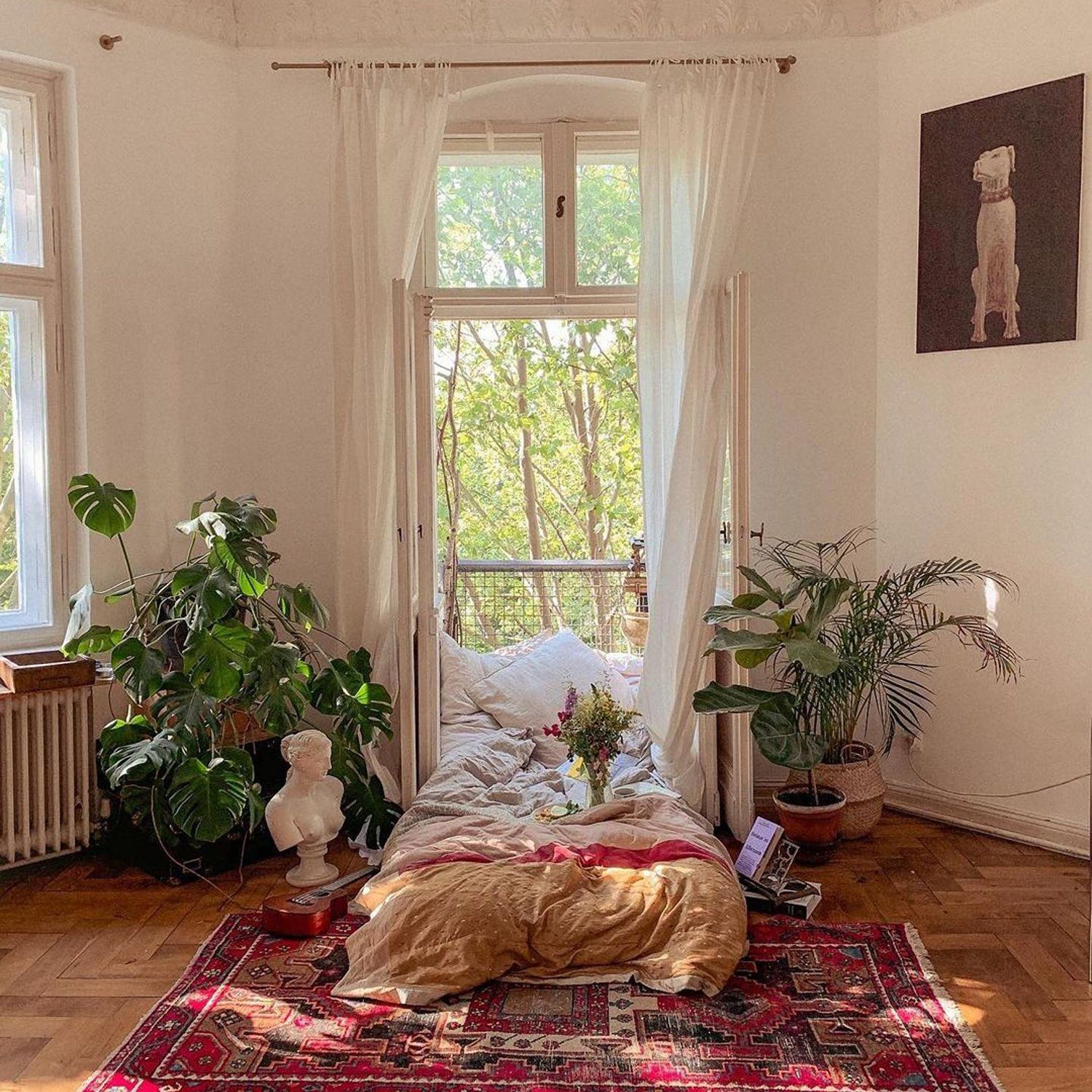 Cozy bedroom with abundant natural light and houseplants