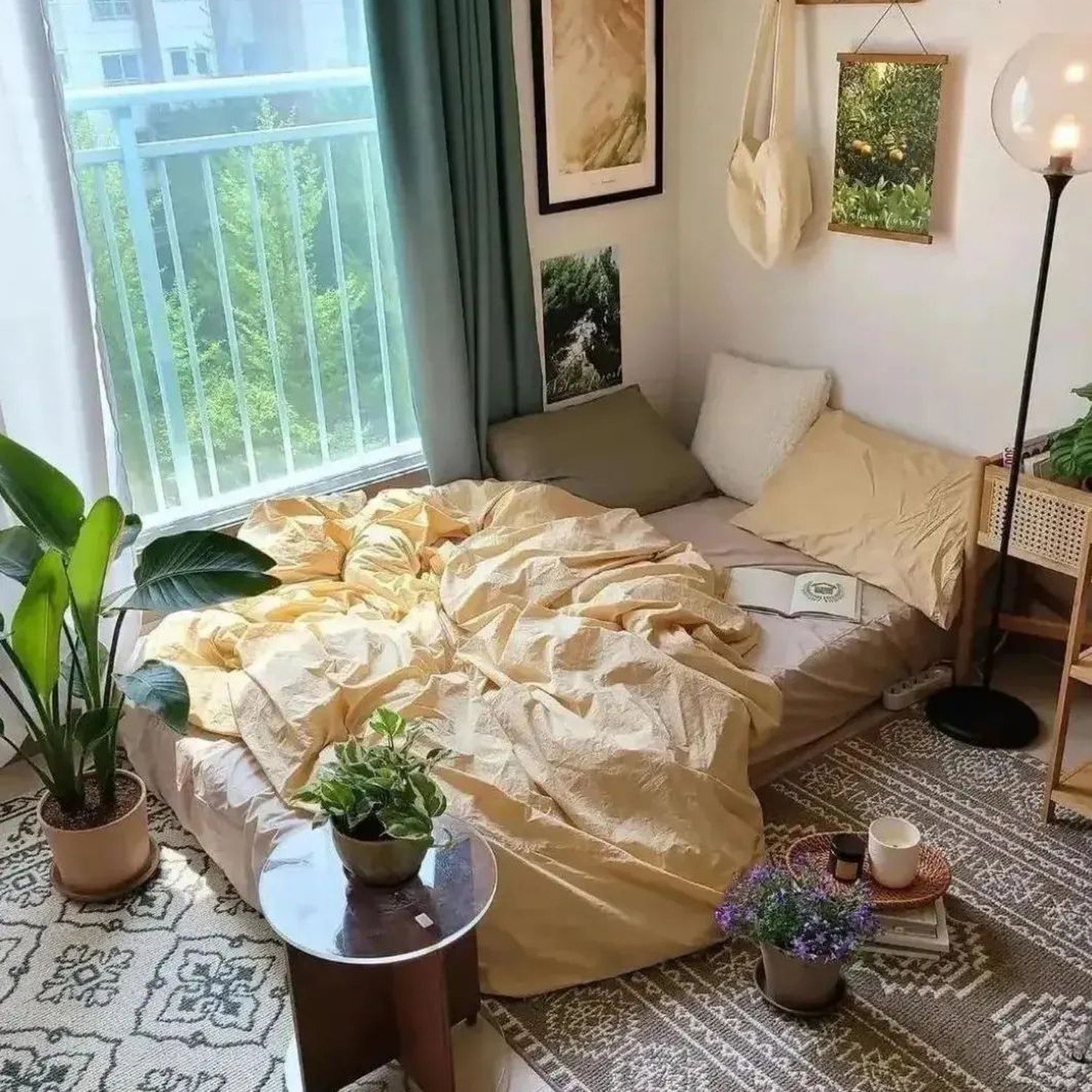 A neatly arranged bedroom with natural light and greenery