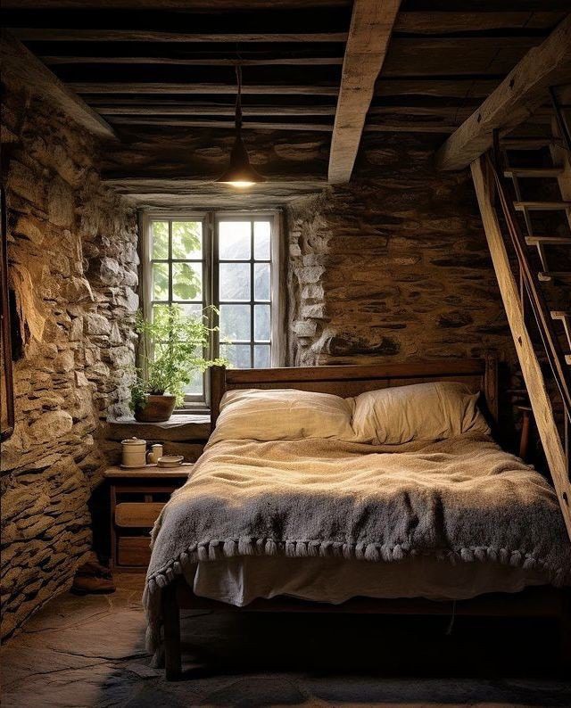 Cozy stone-walled bedroom with warm lighting and lush greenery outside the window