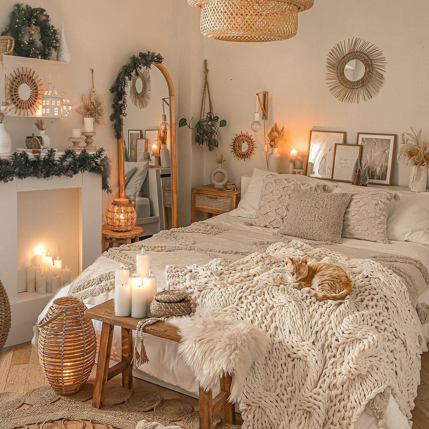 Cozy bedroom with warm lighting and earthy tones