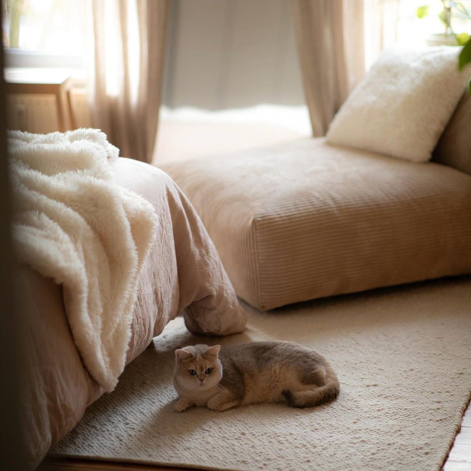 A serene beige bedroom with a content cream-colored cat laying on the carpet