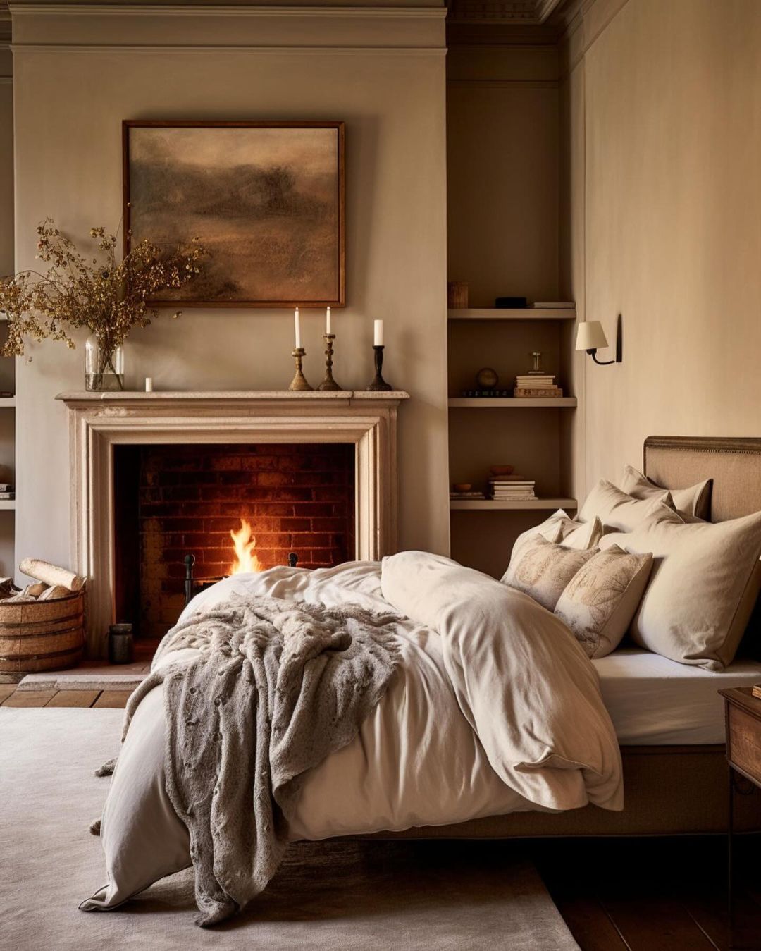 Cozy bedroom with a warm fireplace