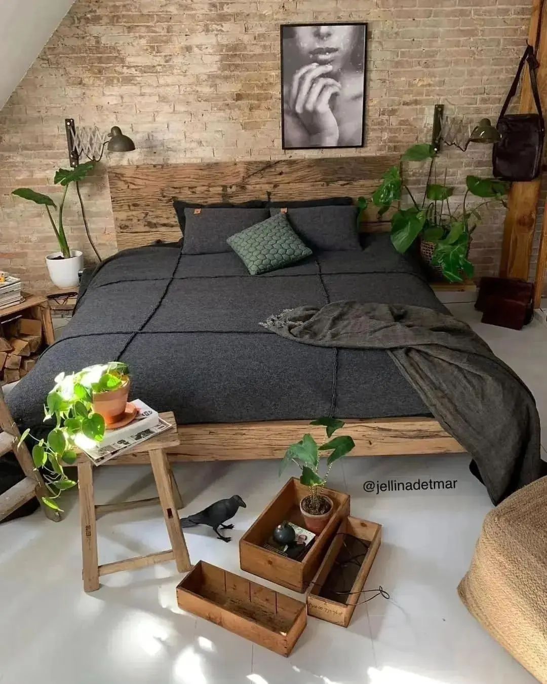 Cozy Bedroom with Brick Wall and Wooden Accents