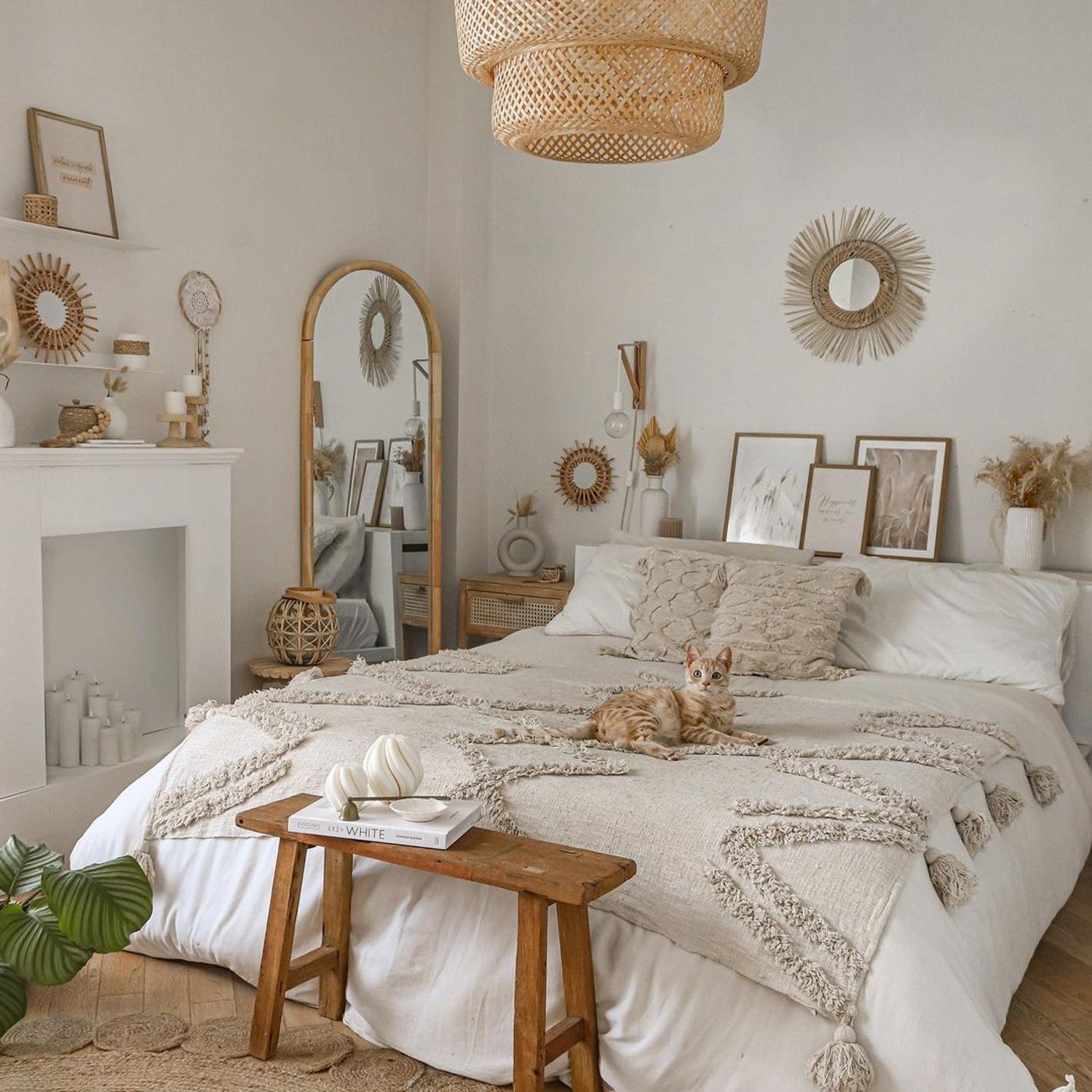 Cozy bedroom with natural accents and a resting cat