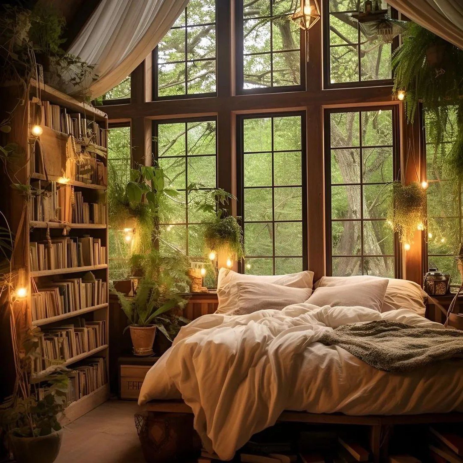 A serene bedroom immersed in nature