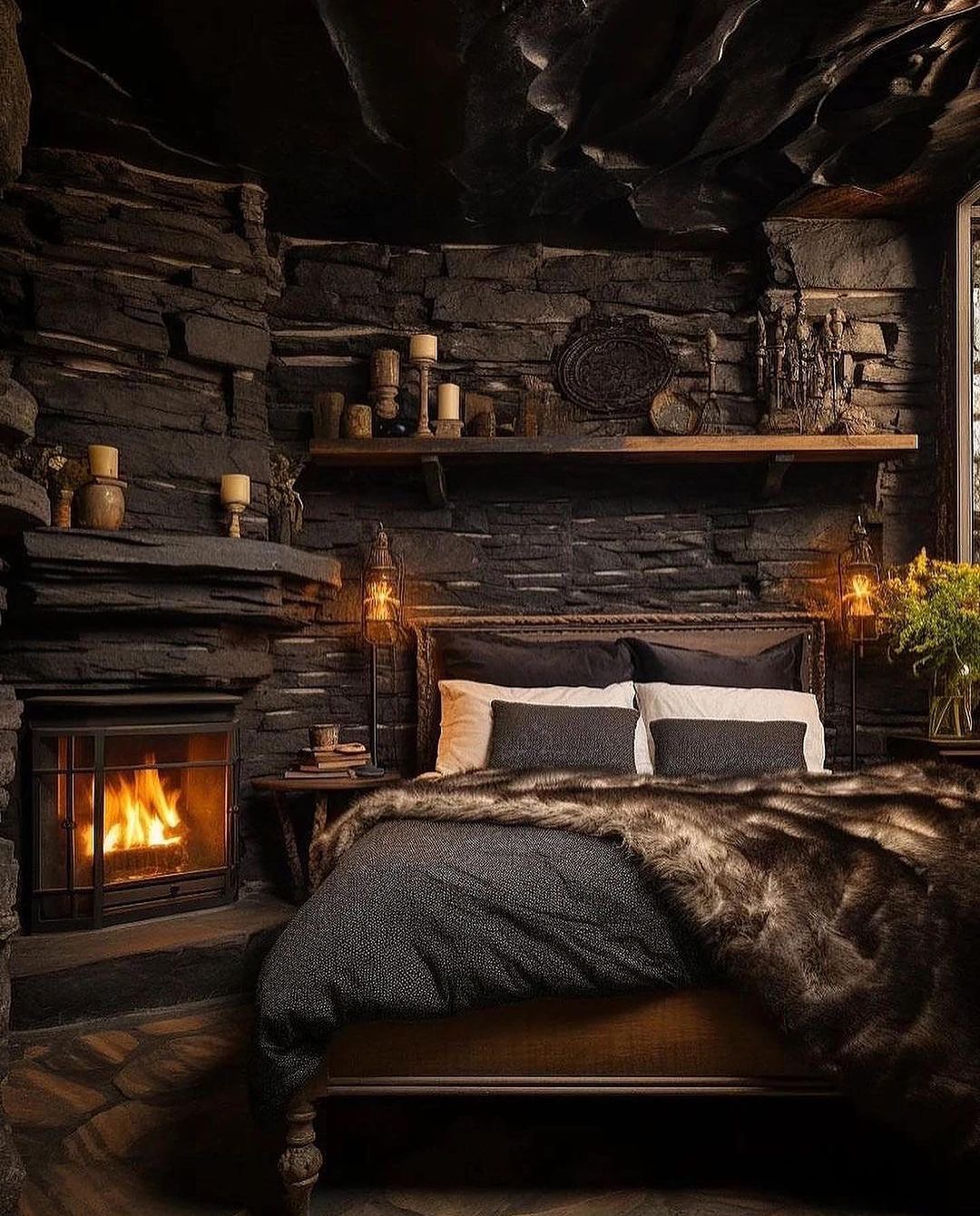 Cozy bedroom with a stone fireplace