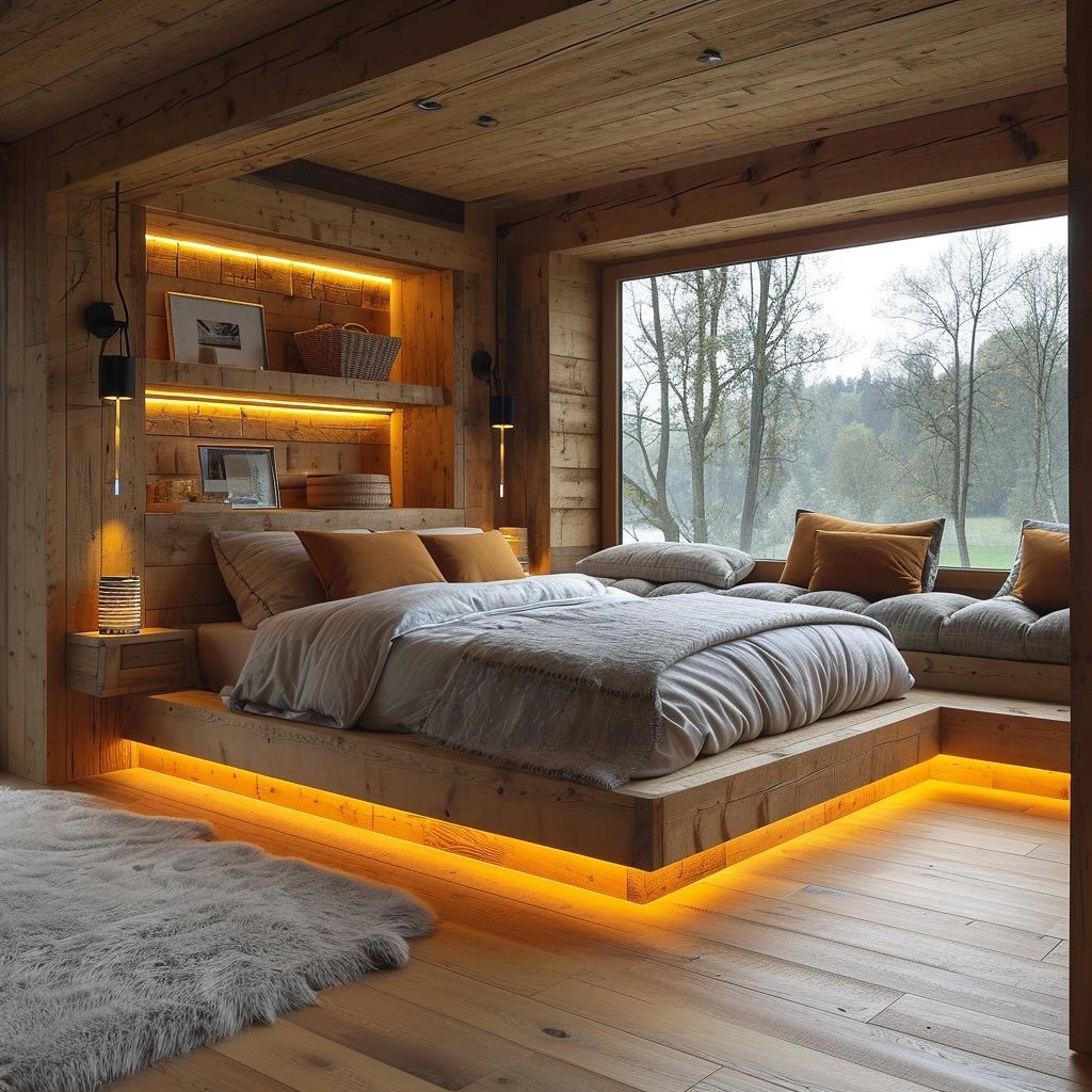 A cozy, wooden bedroom design featuring warm lighting and a majestic view of nature