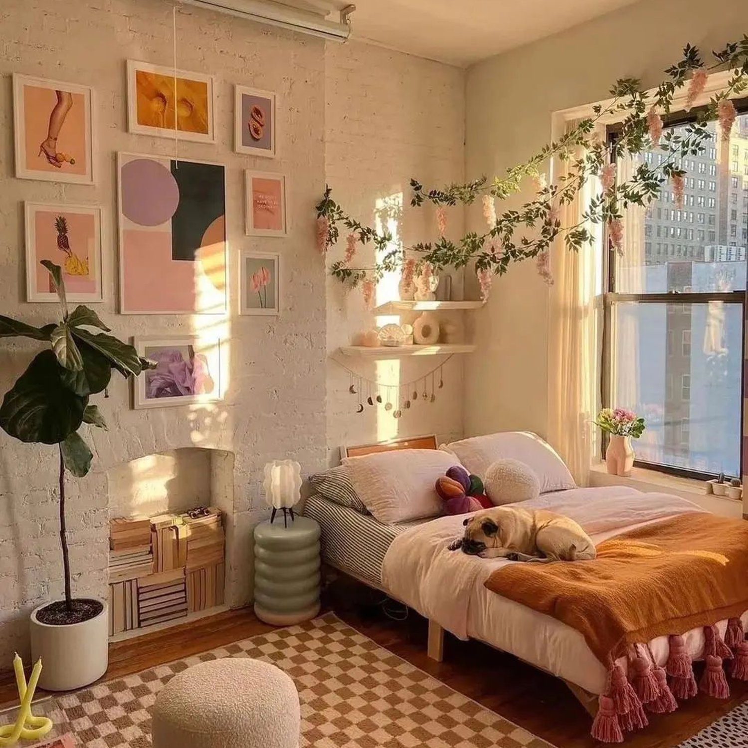 A cozy bedroom with ample sunlight and bohemian decor