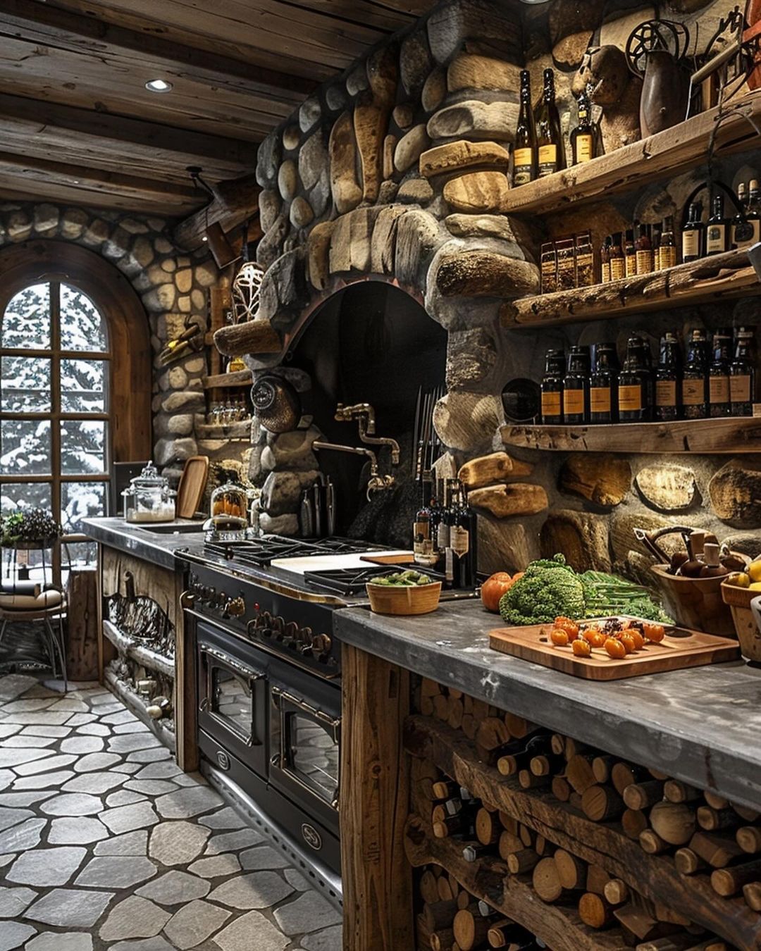 Cozy cabin-style kitchen with stone walls and a classic wood-burning stove