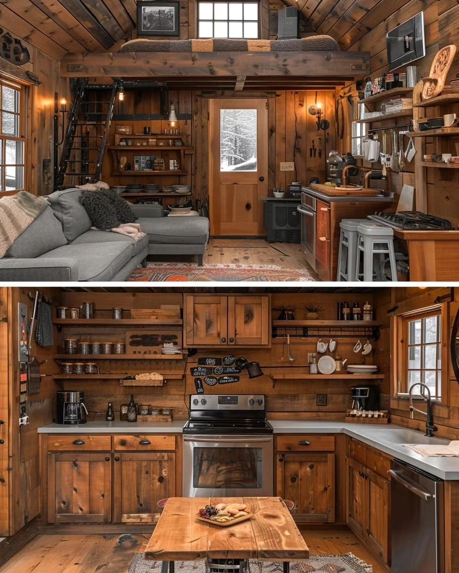 Cozy cabin interior featuring a warm wood-dominated aesthetic, with a loft bed accessible by a ladder, and a kitchen complete with modern appliances