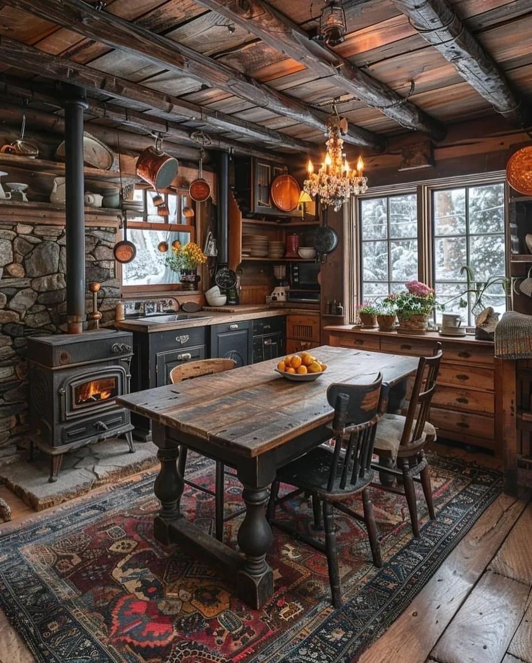 A rustic cabin kitchen with a cozy atmosphere