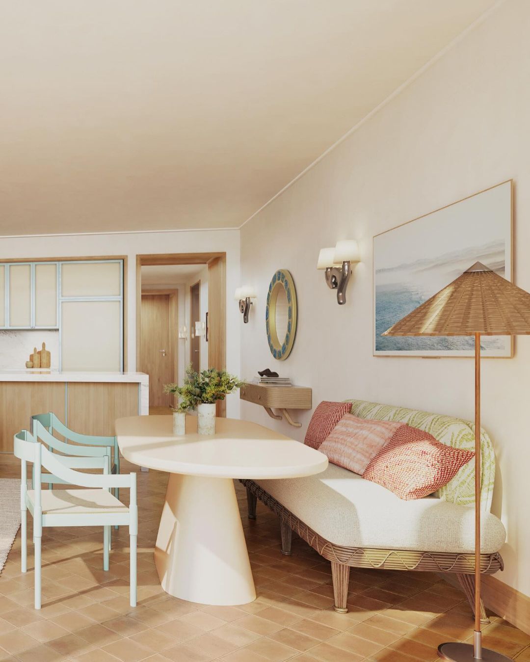 A cozy and inviting living room with a unique oval table and a woven daybed, complemented by sea-inspired decor