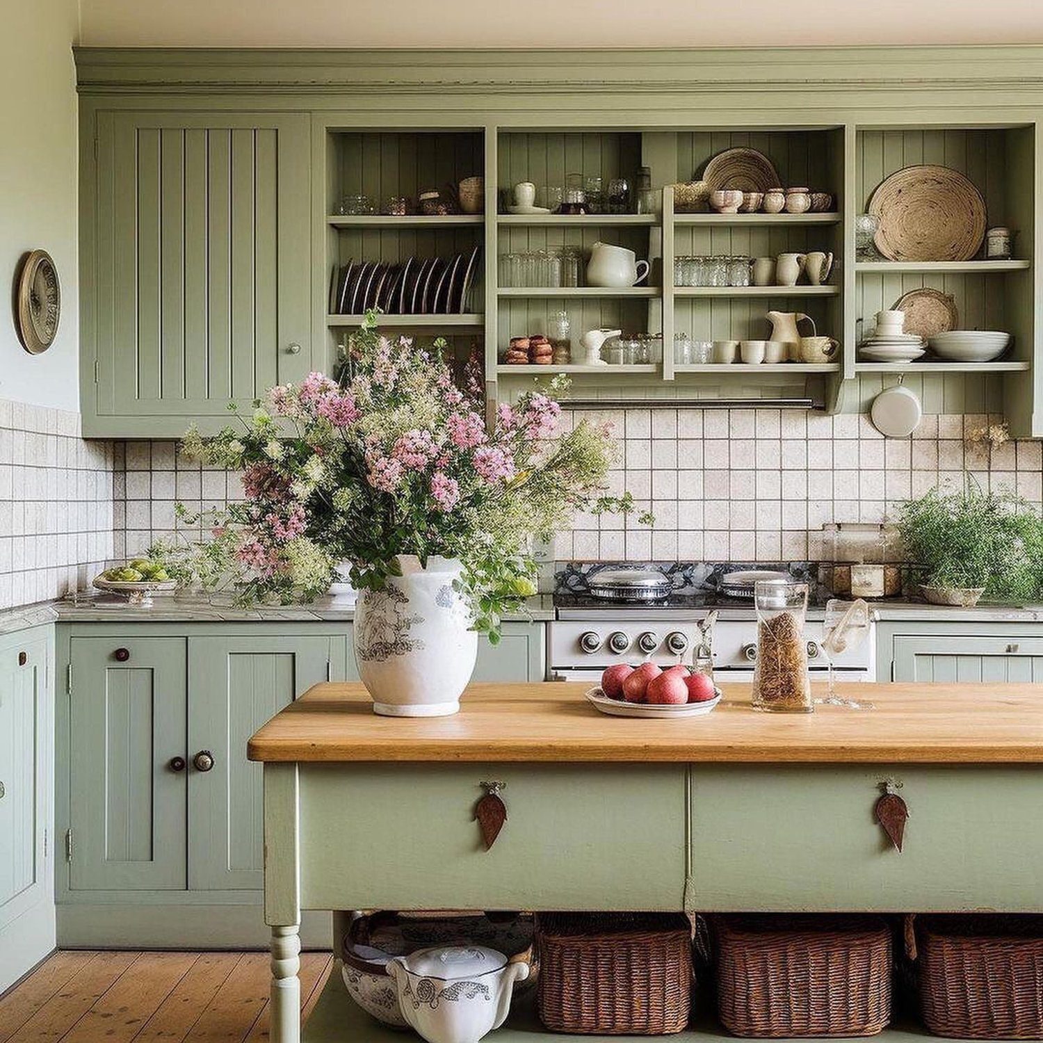 A cozy countryside kitchen featuring sage green cabinetry and wooden countertops