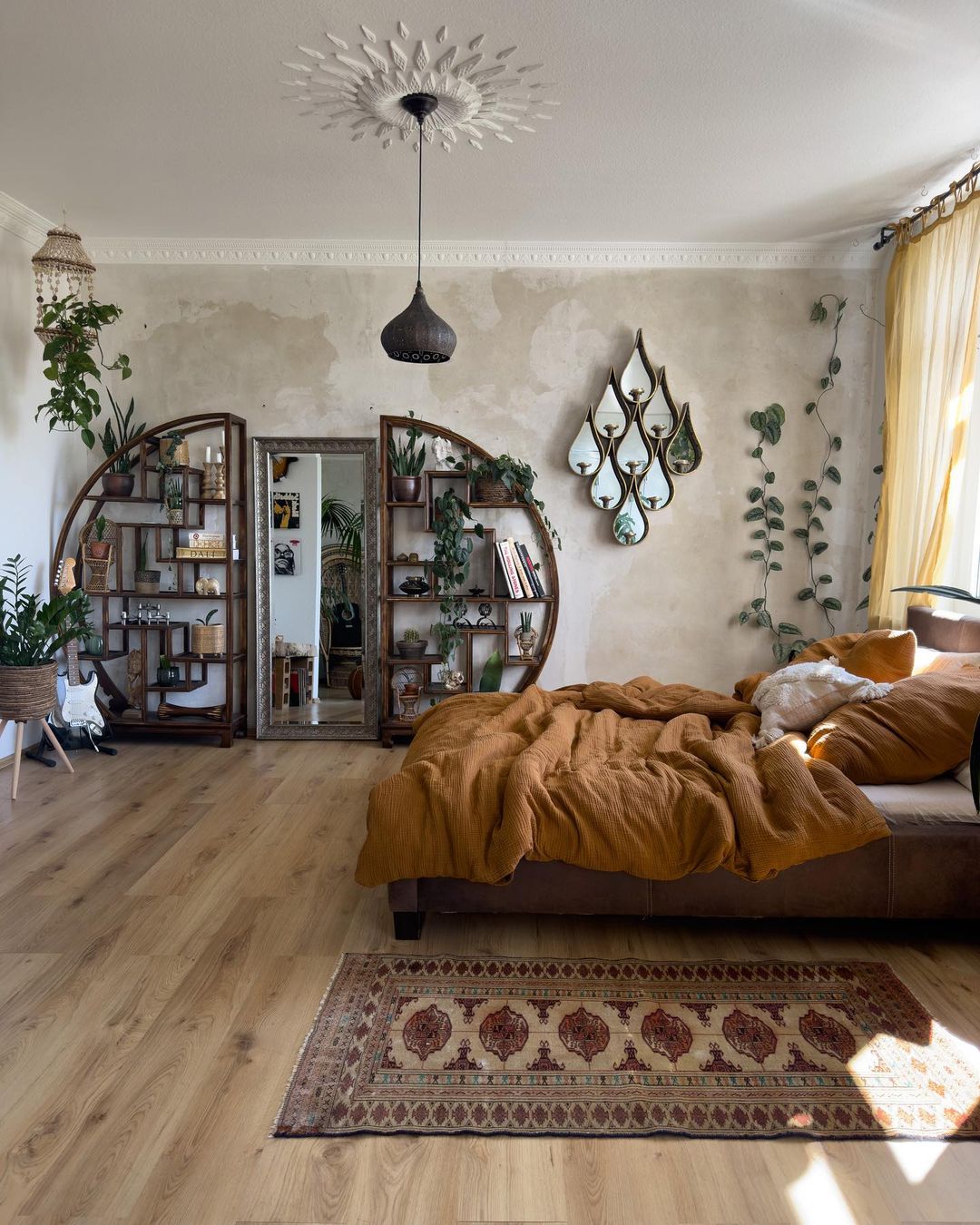 A cozy bedroom with eclectic decor