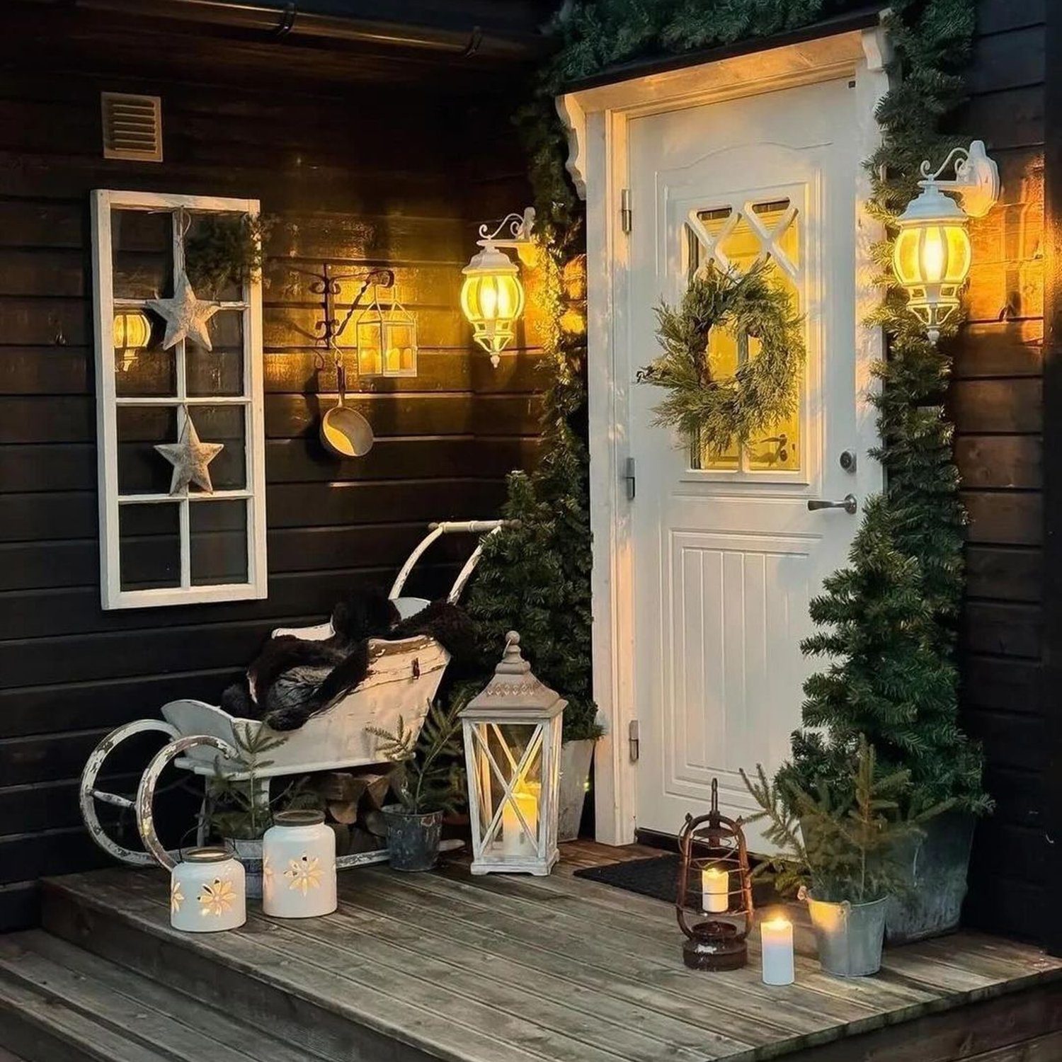 Cozy and festive holiday entrance with warm lighting and greenery