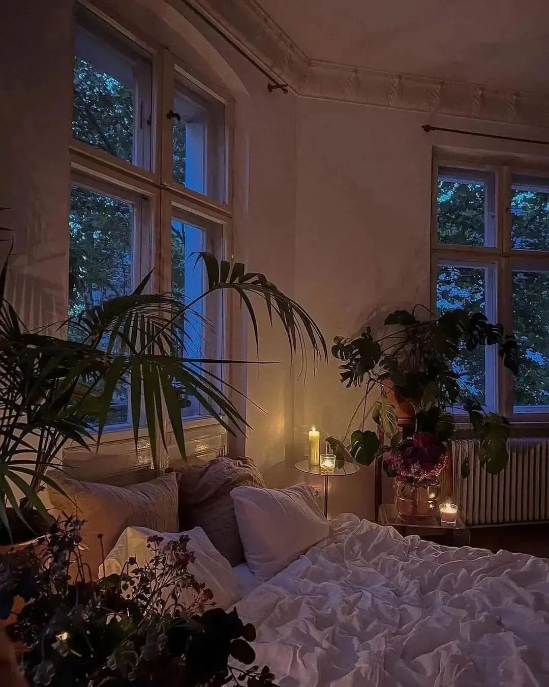 Cozy bedroom with ambient lighting and lush plants