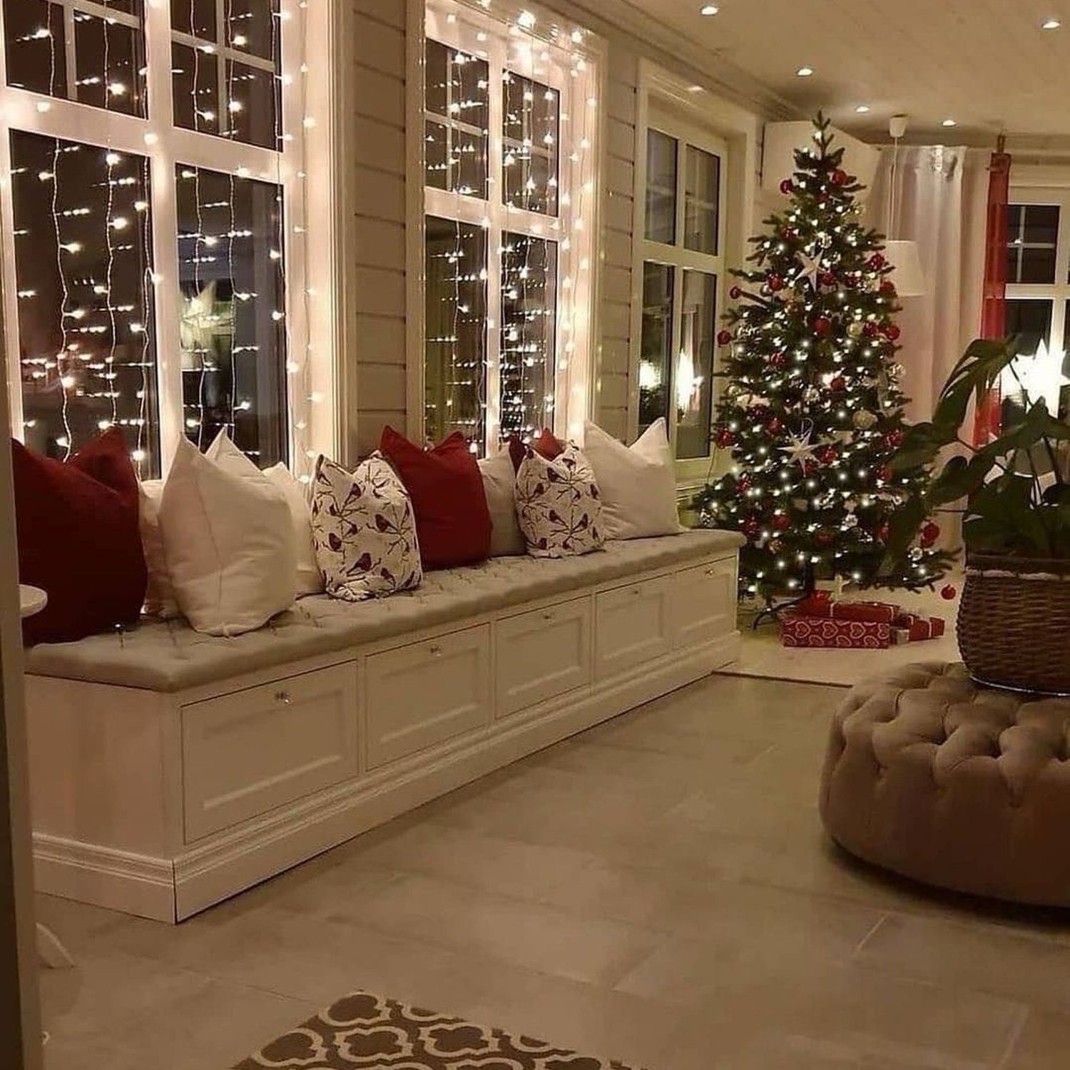 A cozy and festive holiday interior with ambient lighting