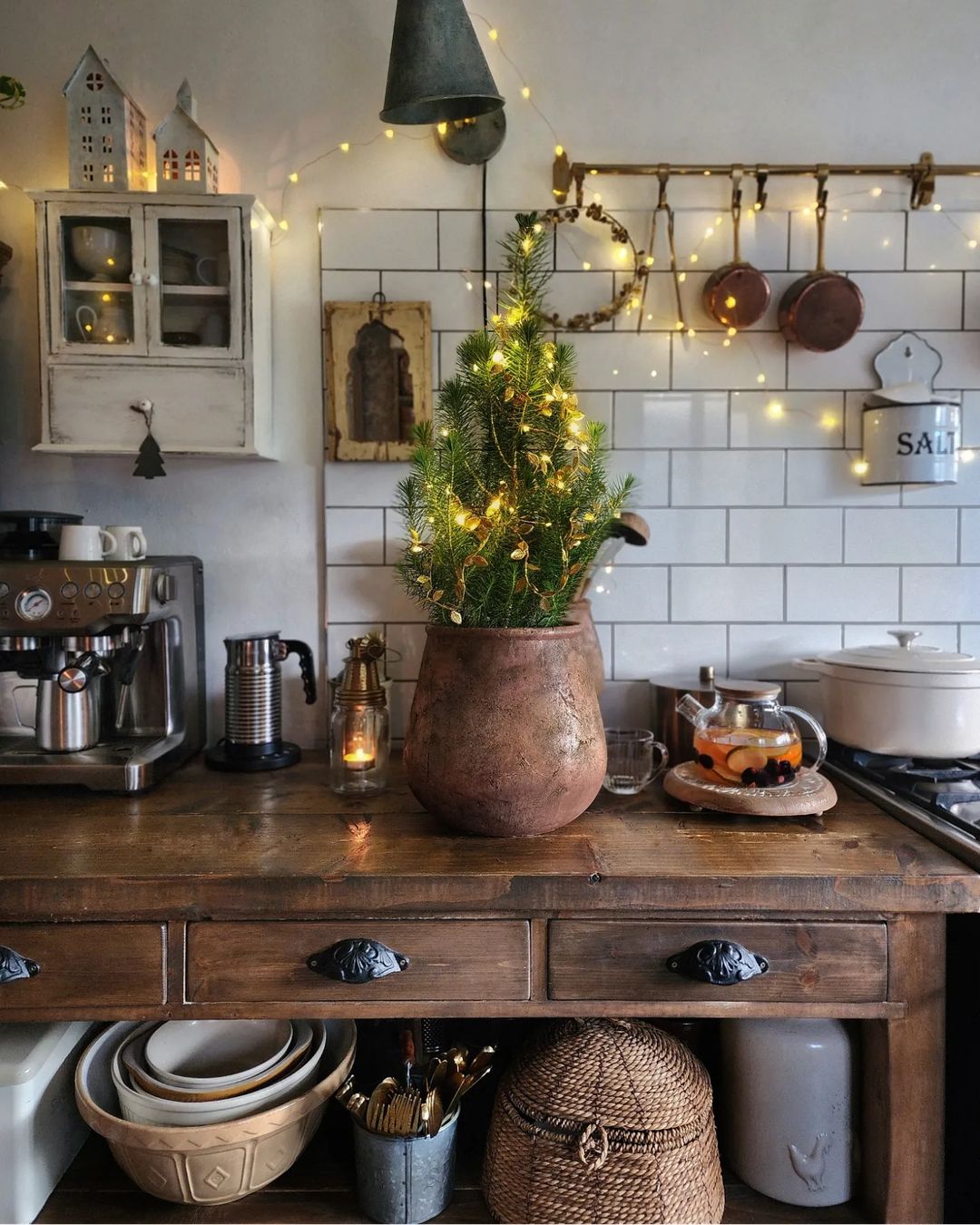 Cozy kitchen decorated for the holidays with rustic charm