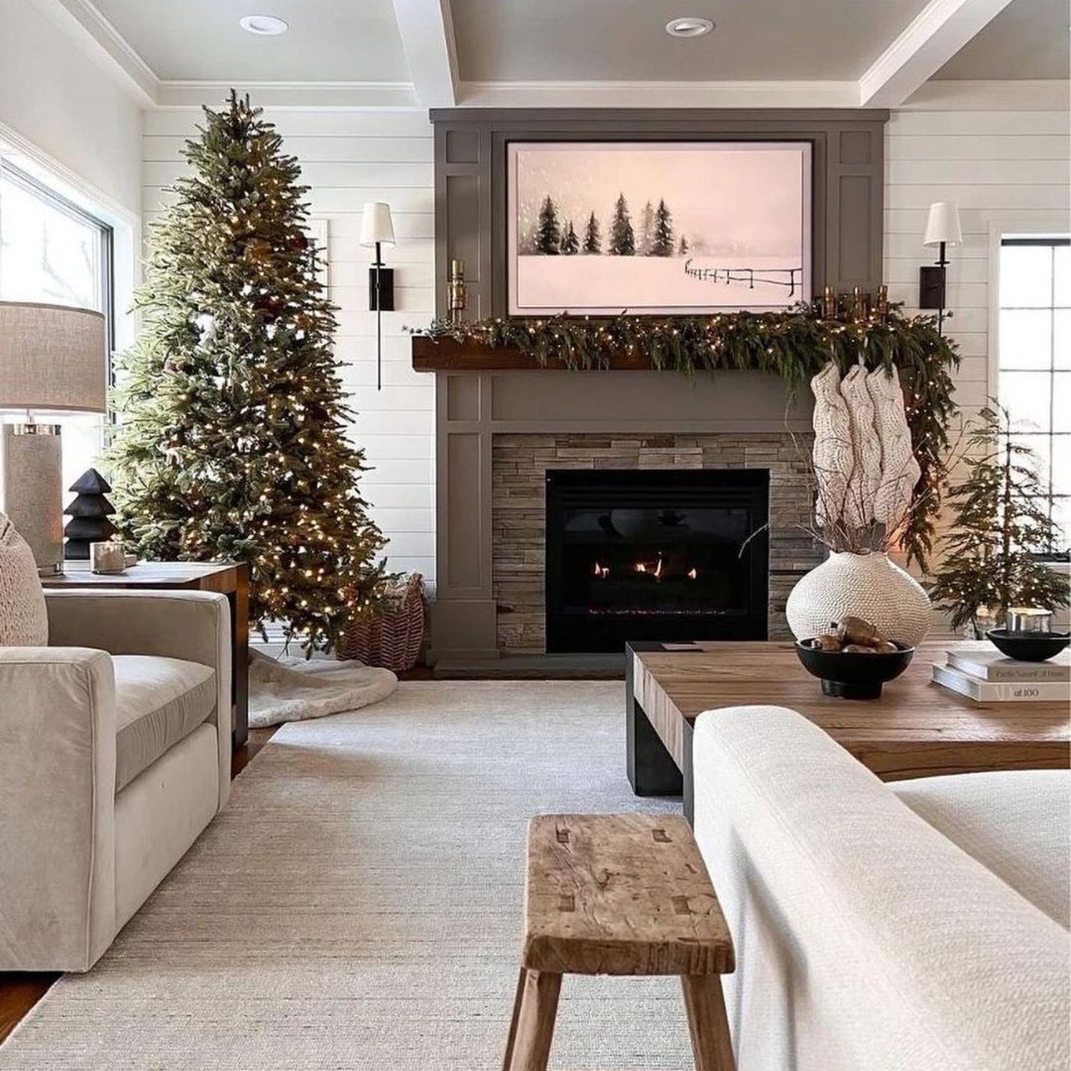 Cozy holiday living room with fireplace