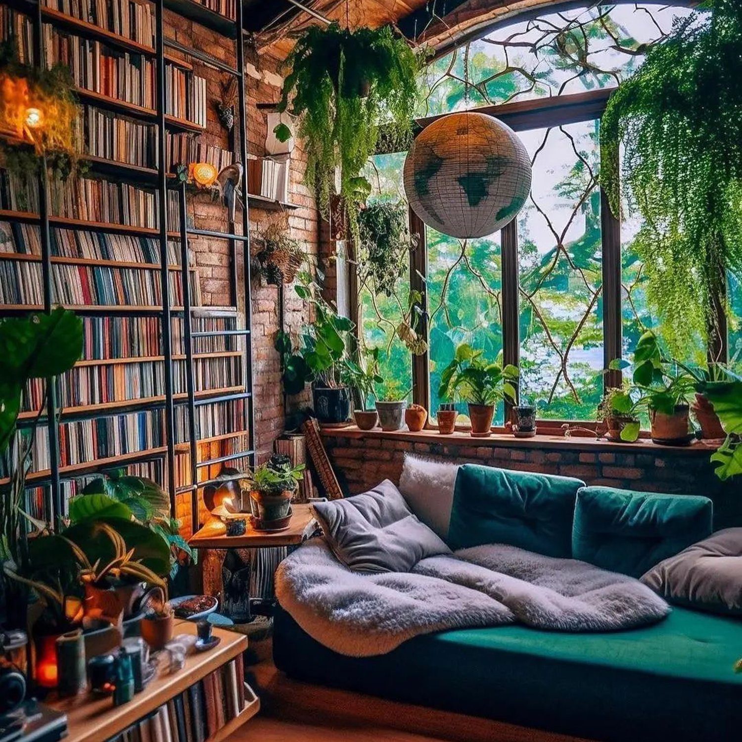 A cozy reading nook featuring floor-to-ceiling bookshelves, lush plants, and a plush daybed