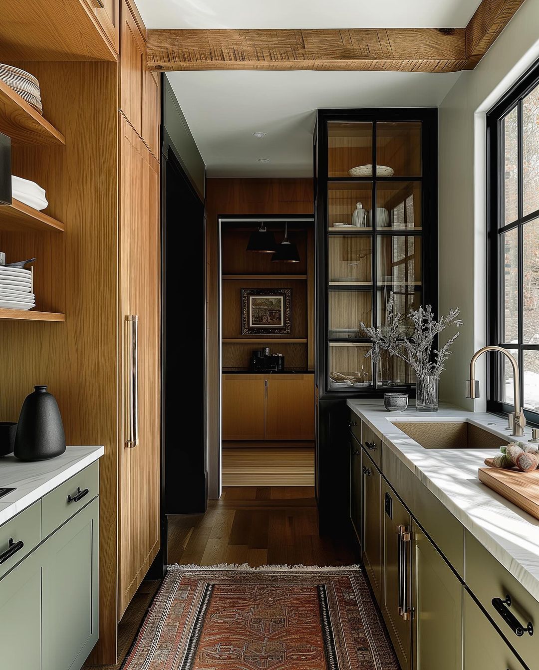 A warm and welcoming kitchen space featuring wooden cabinetry and a cozy nook