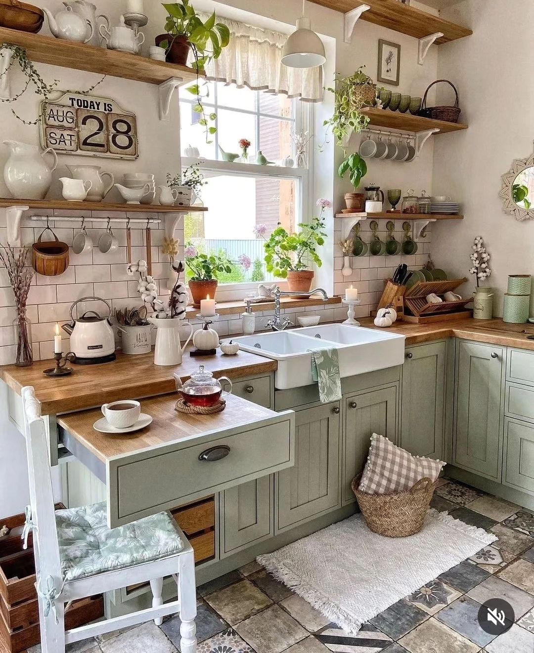 Cozy cottage kitchen with herb plants and open shelving