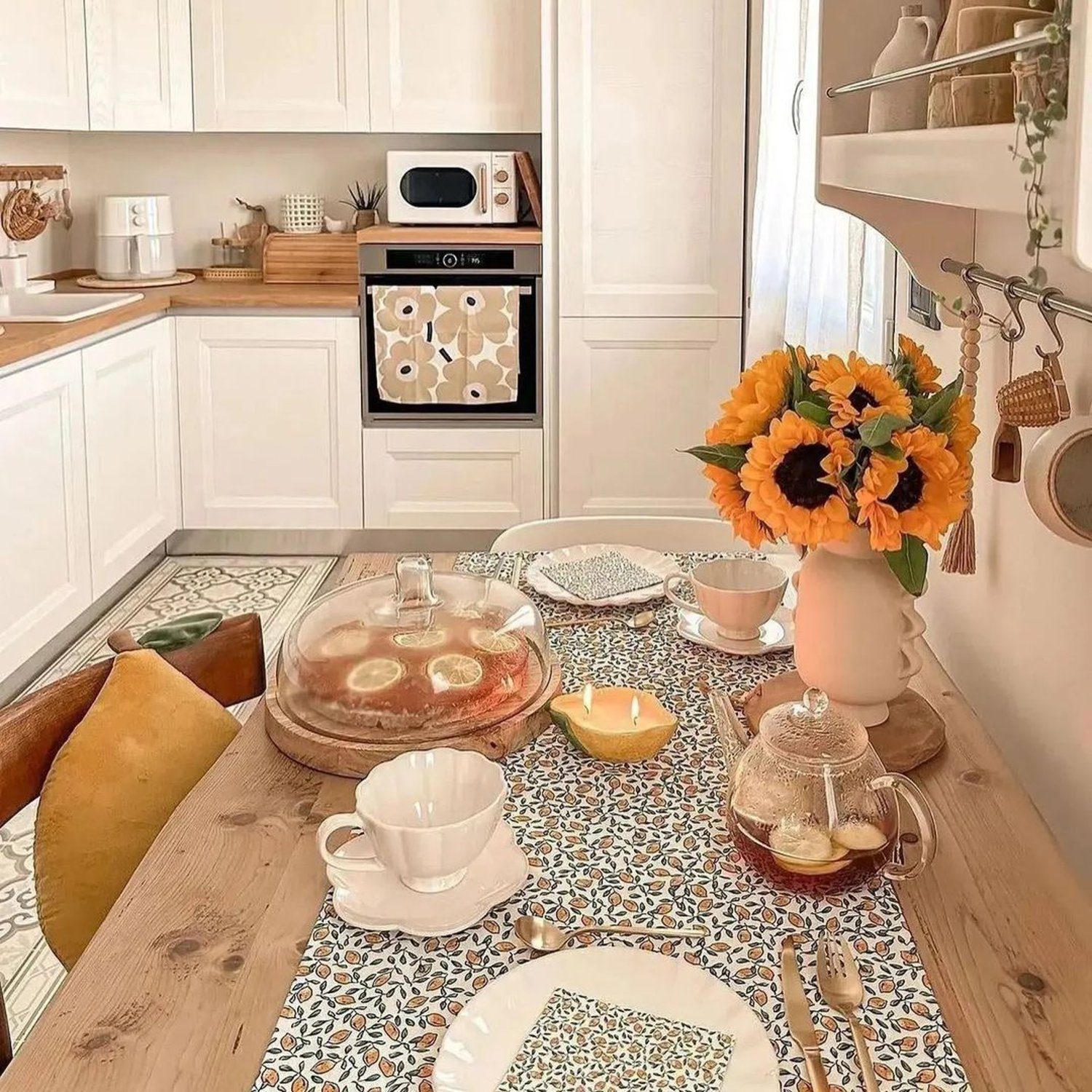 A cozy kitchen nook with warm colors and modern appliances