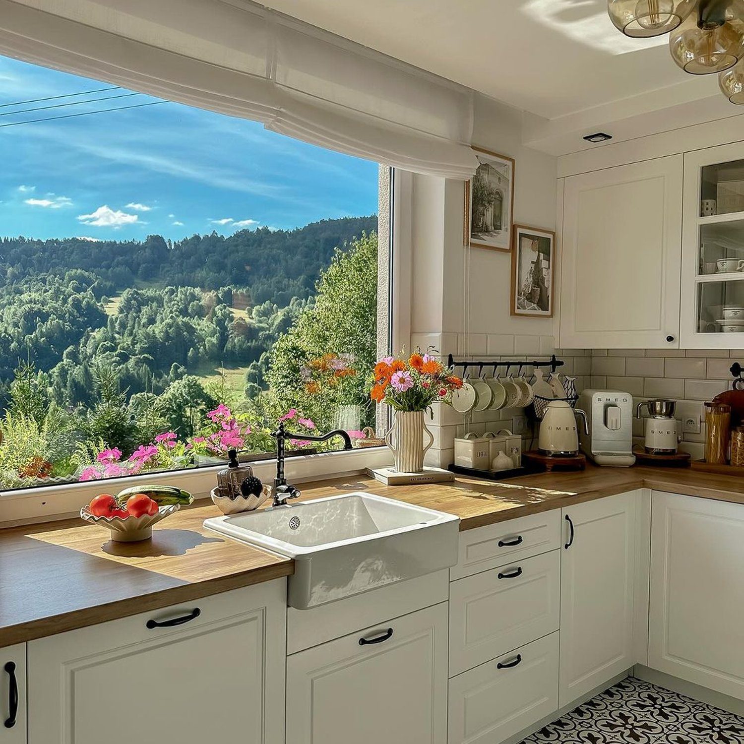 A cozy and bright kitchen with a scenic view