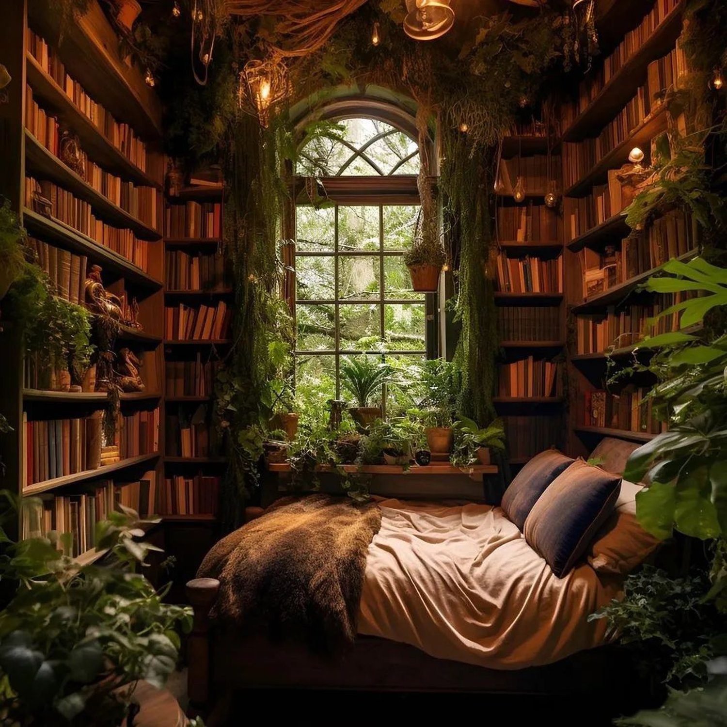 A cozy library nook with a bed nestled among towering bookshelves and lush hanging plants