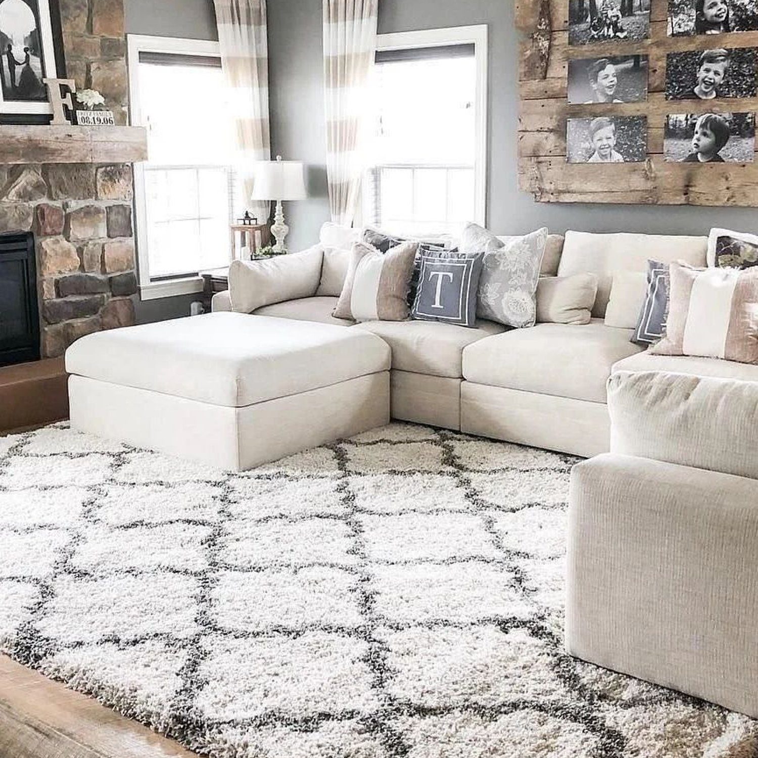 Cozy living room with a plush sectional and rustic decor elements