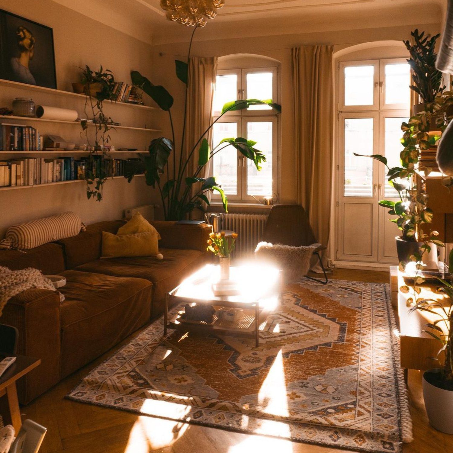 Cozy living room with warm sunlight