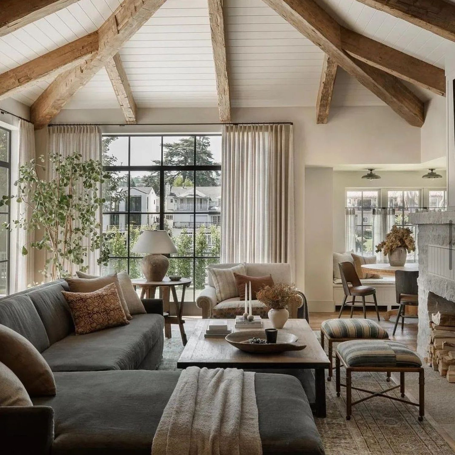 Cozy living room with exposed wooden beams