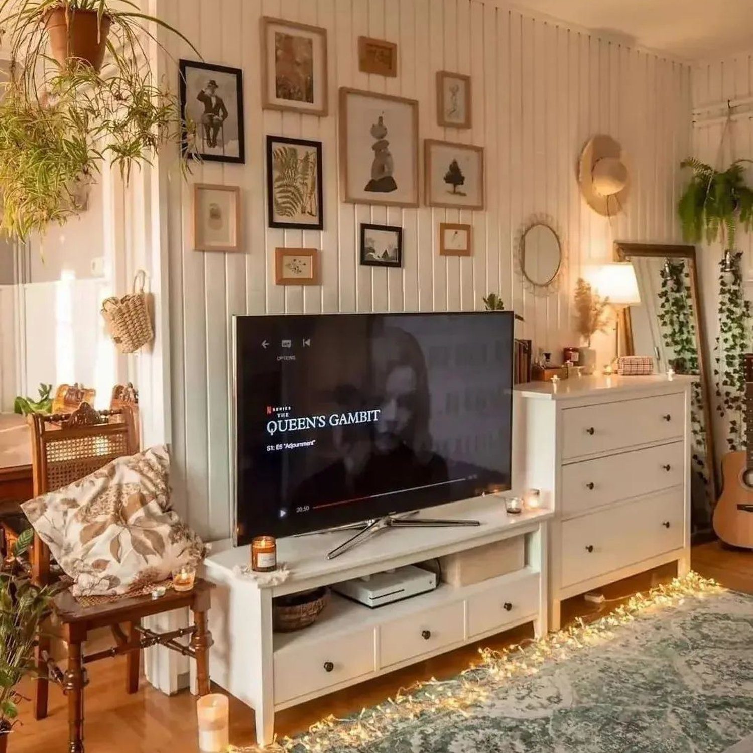 Cozy living room with plant decor and warm lighting