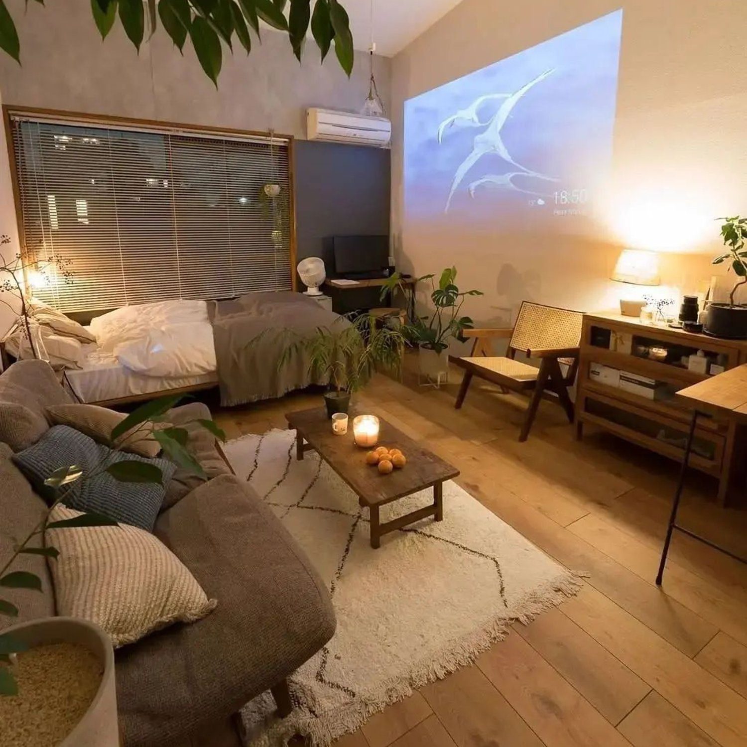 Cozy and inviting living room with a projector screen