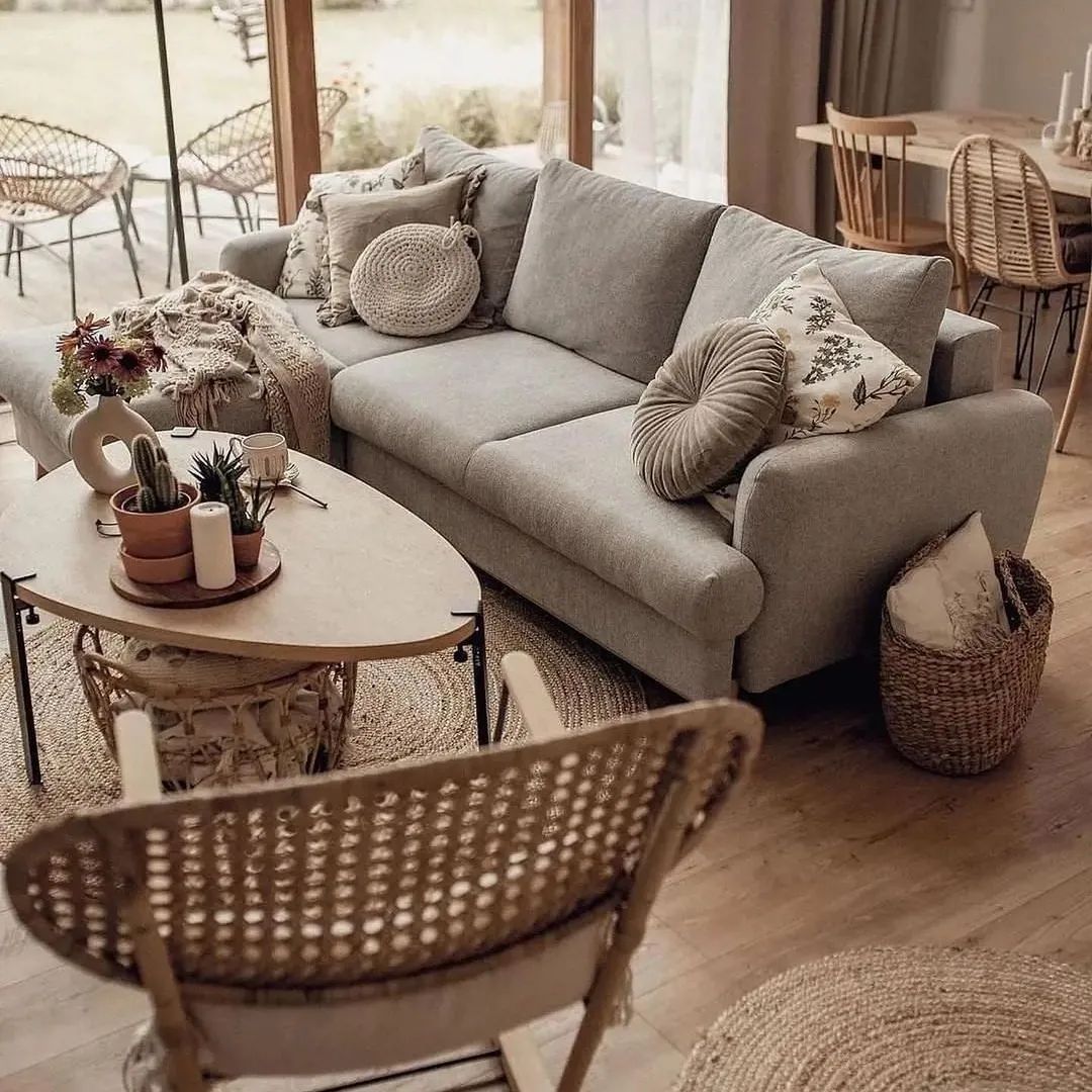 A cozy living room setup with a comfortable gray sofa