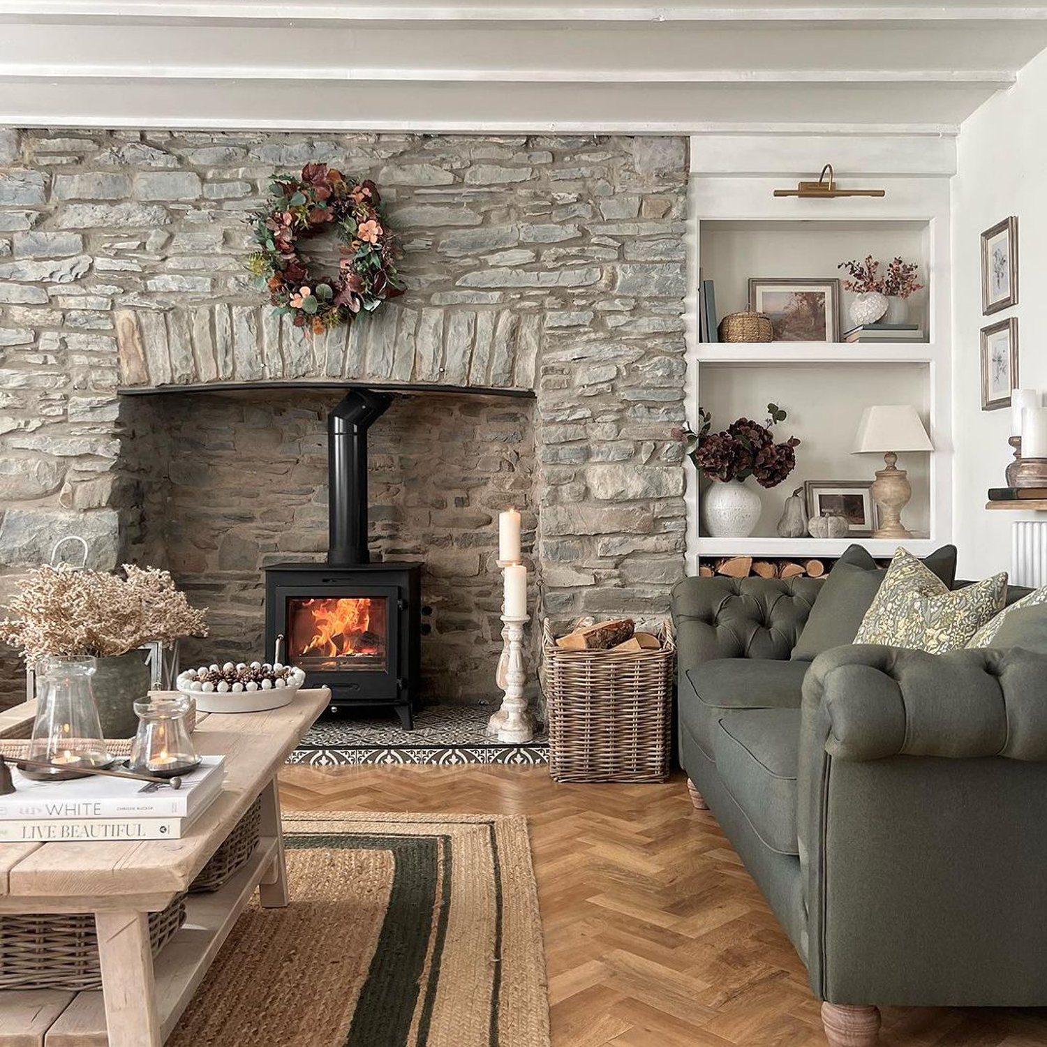 Cozy living room with a stone fireplace