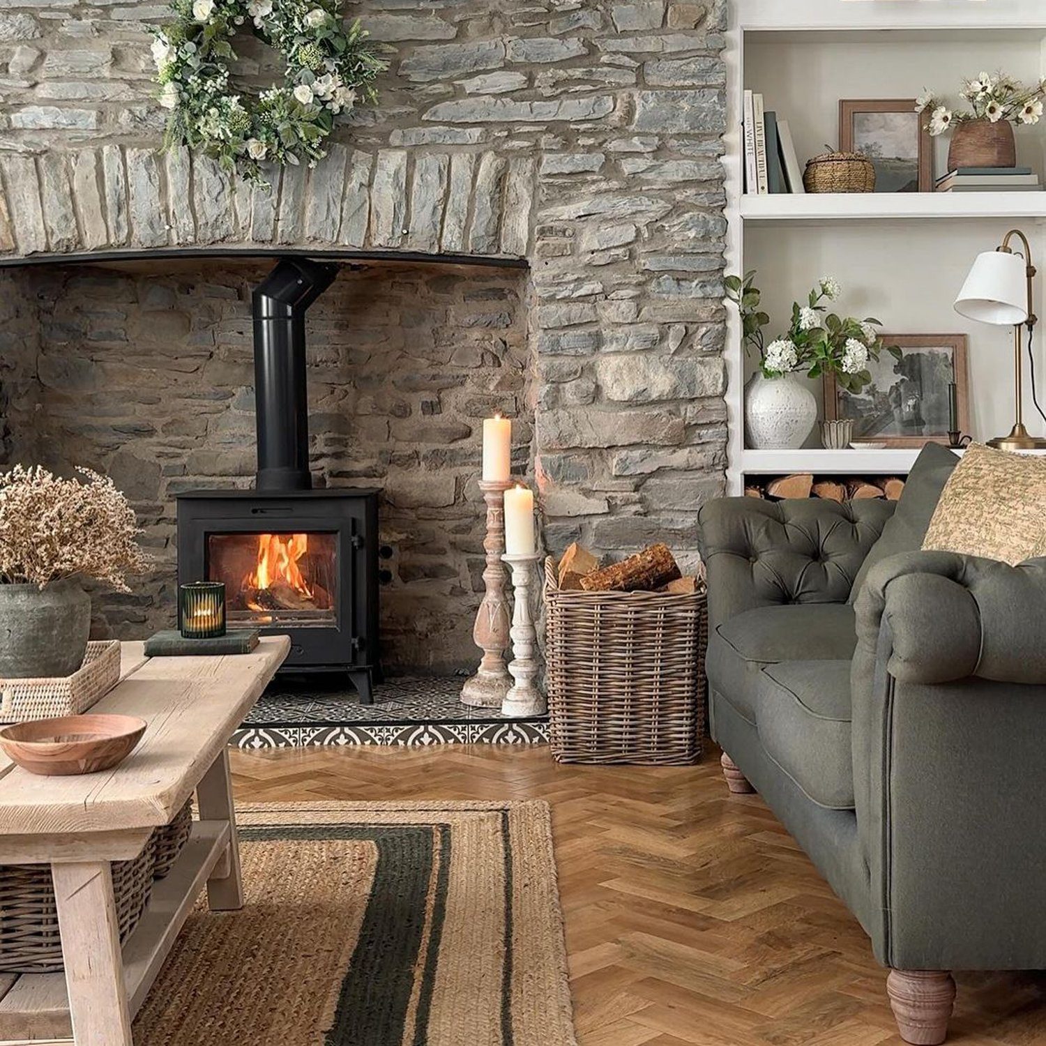 Cozy Living Room with Stone Fireplace