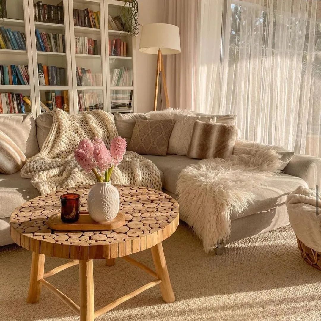 Cozy living room with sunlight filtering through sheer curtains