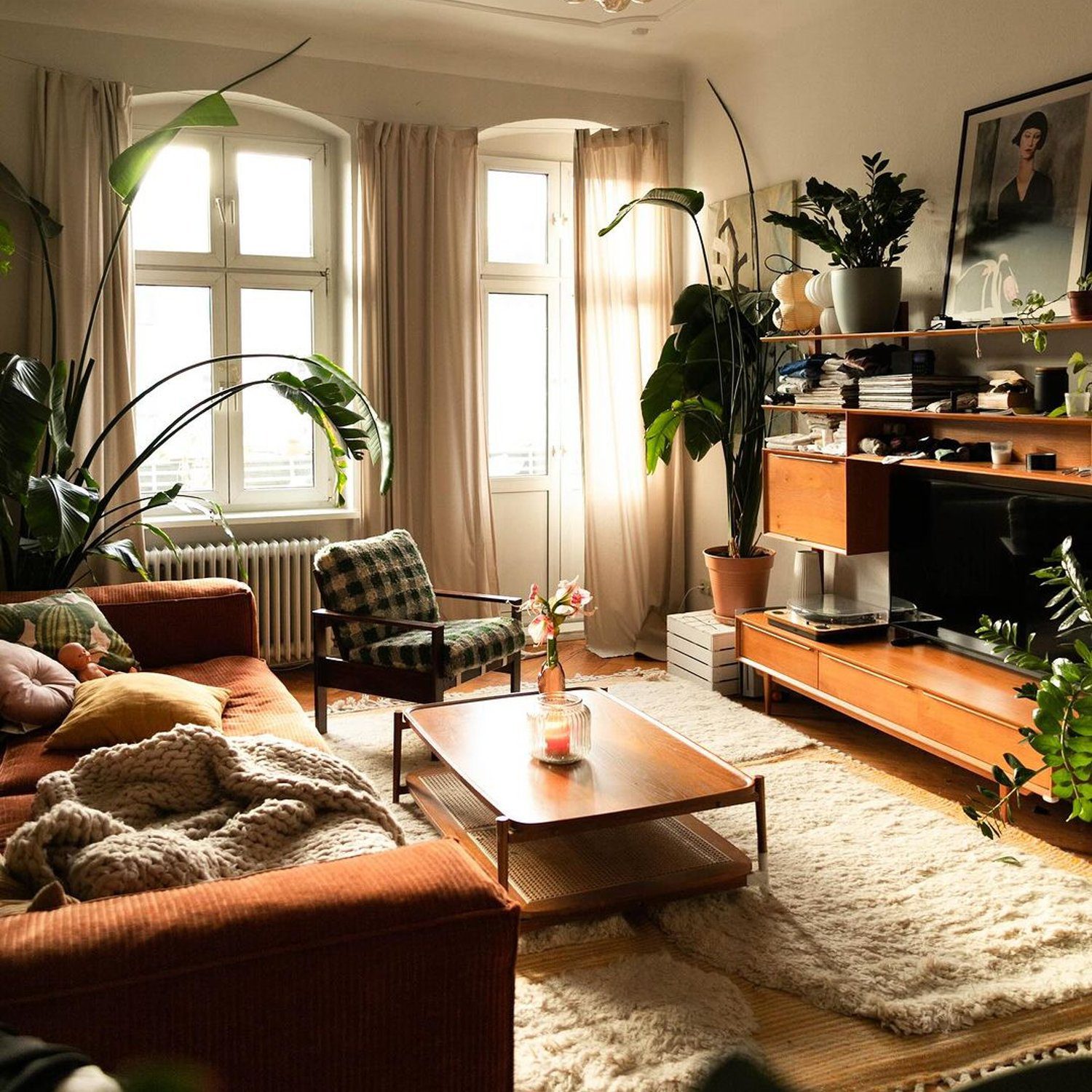 Cozy living room with an abundance of plants and warm lighting